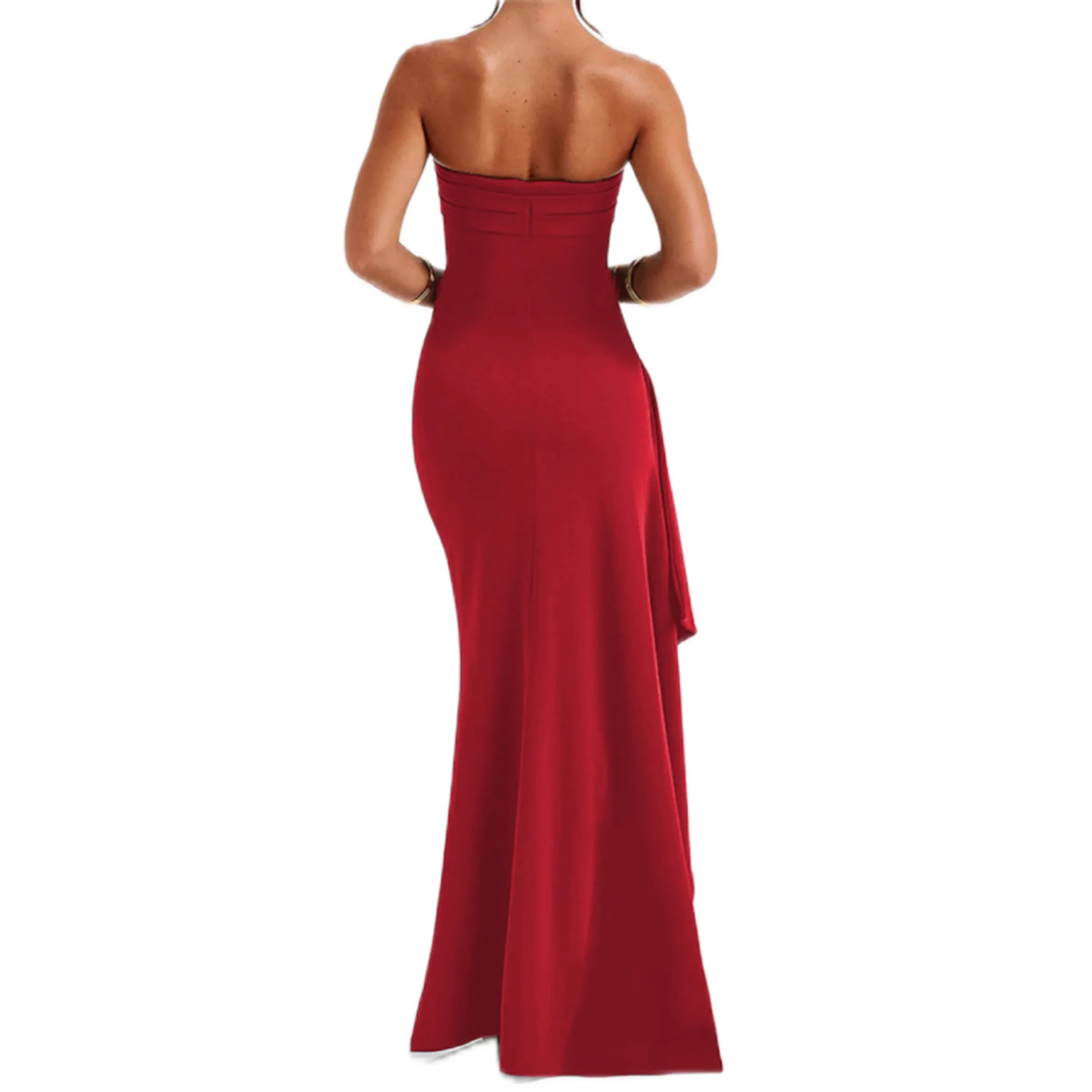 Regal Class Strapless Split Long Dress Pleated Bridesmaid Gown Party Color Black, Red, Wine Red, Blue, Green in Size S, M, L