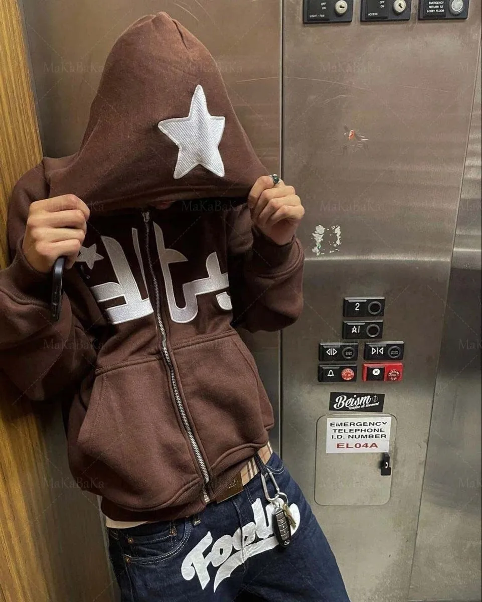 Retro Star Harajuku Oversized Zipper Hoodie for Women