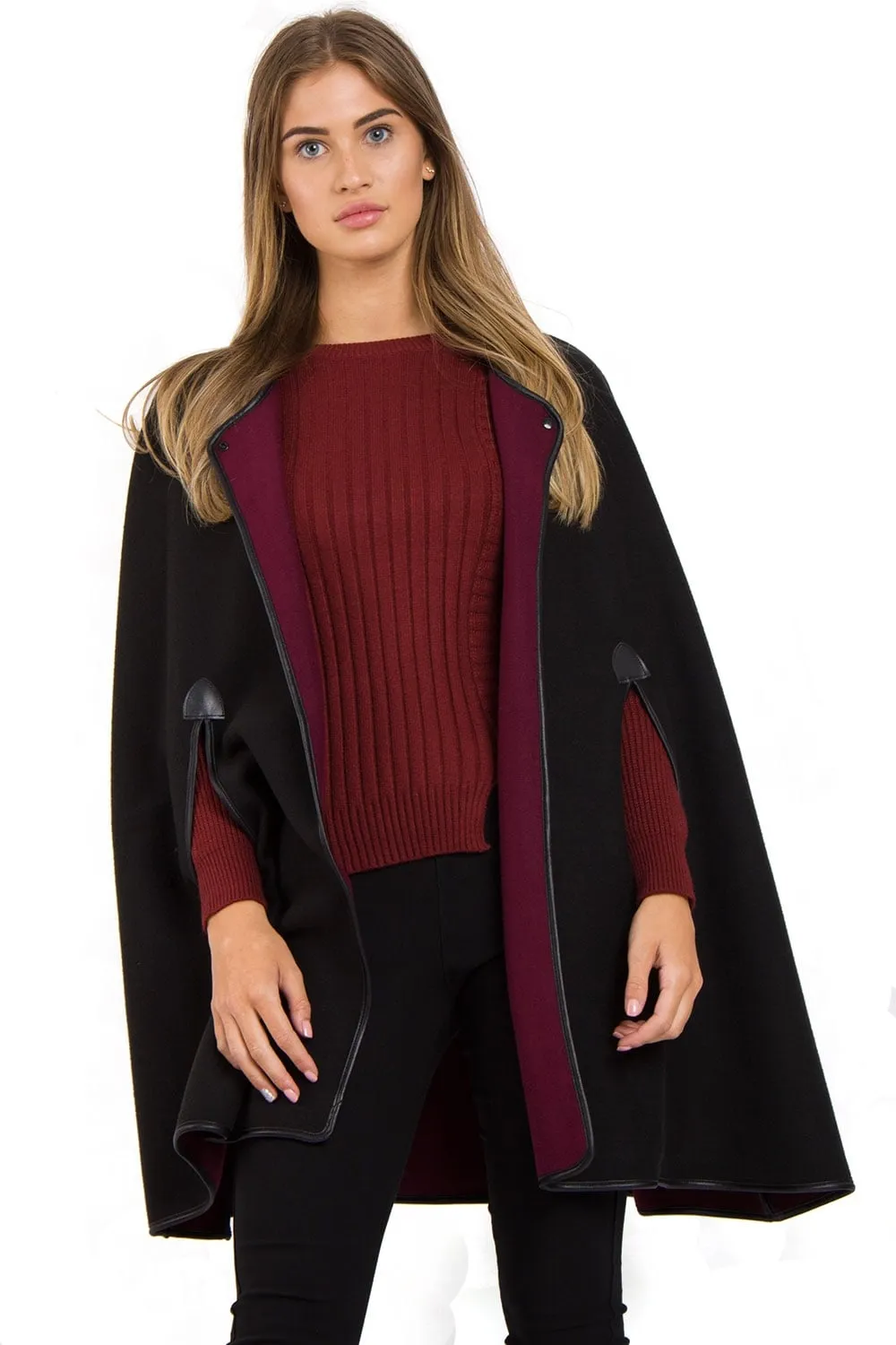 Reversable Pu Leather Trim Poncho Cape