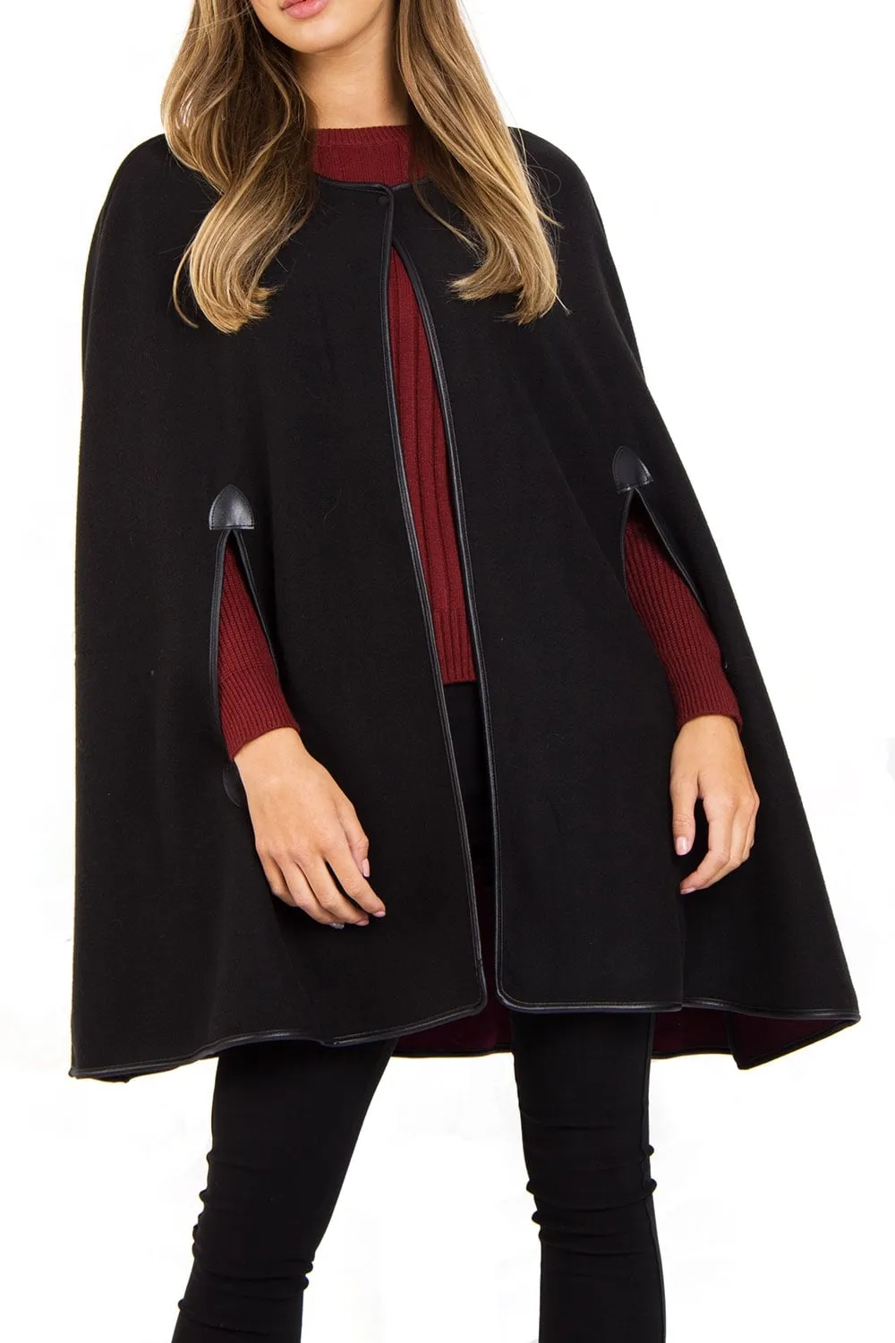 Reversable Pu Leather Trim Poncho Cape