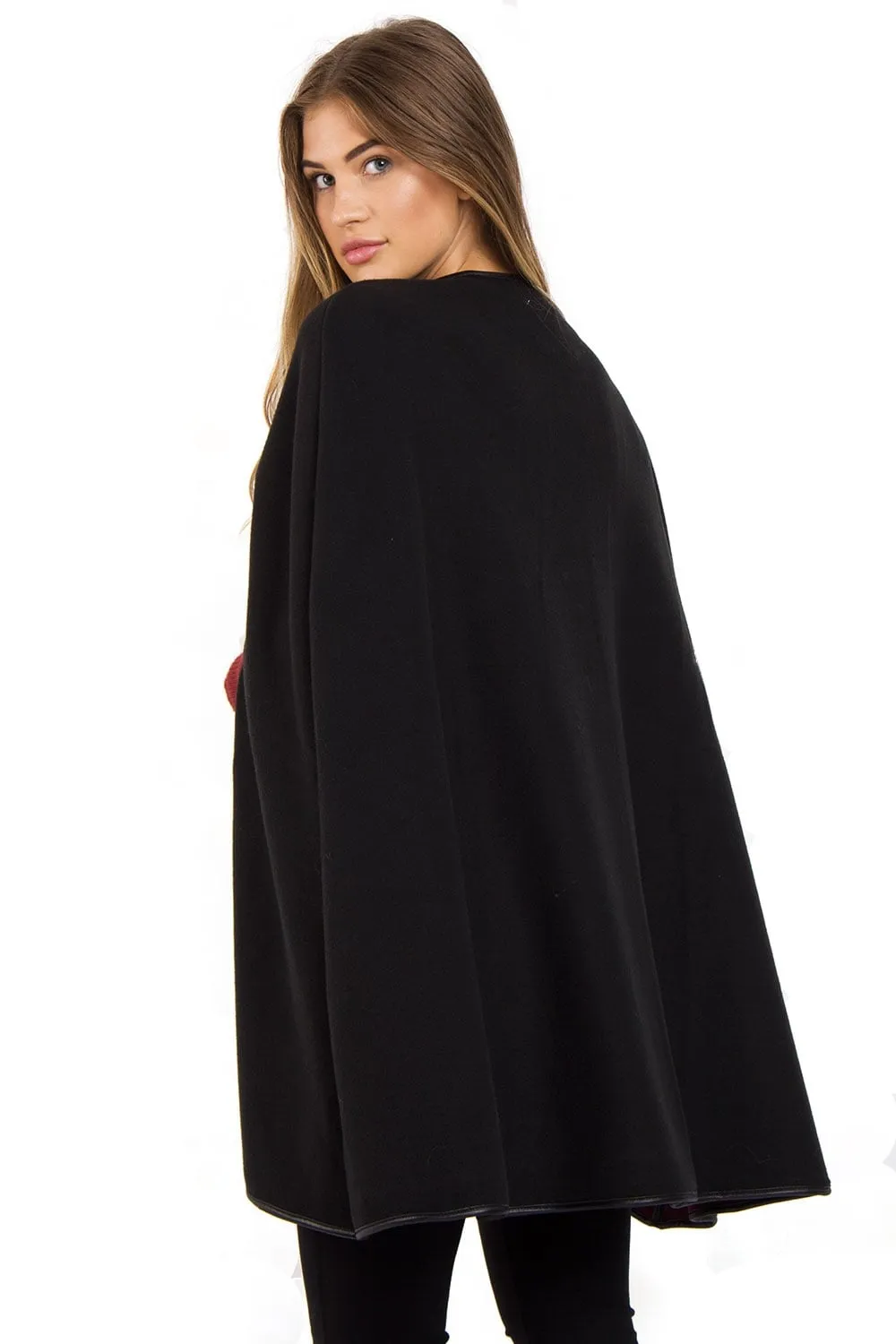 Reversable Pu Leather Trim Poncho Cape