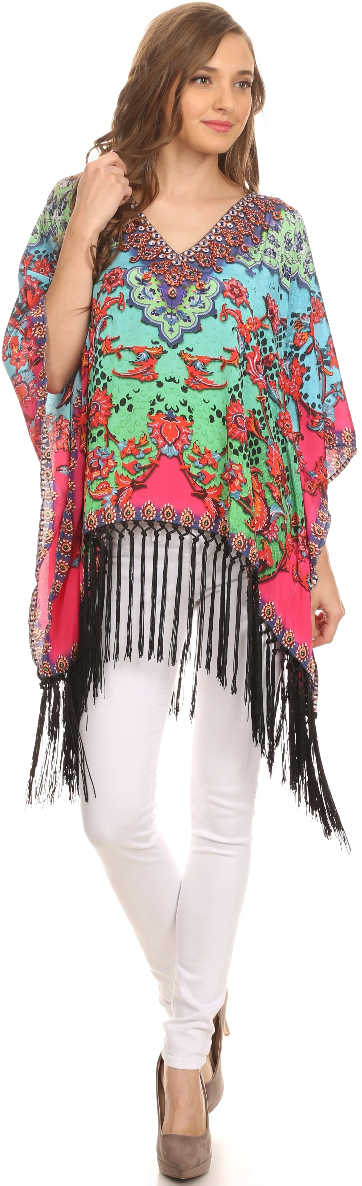 Sakkas Short Poncho Tatum Poncho Top Shirt Blouse With Knotted Fringe Tassles