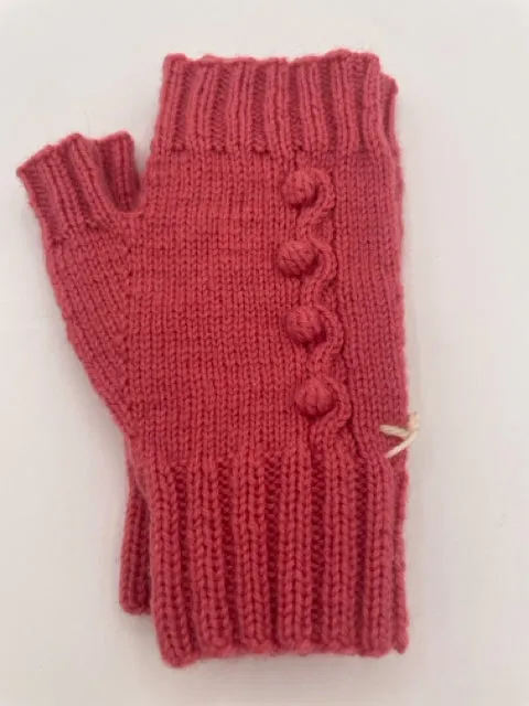 Small Coral Wool Fingerless Gloves with Bobbles