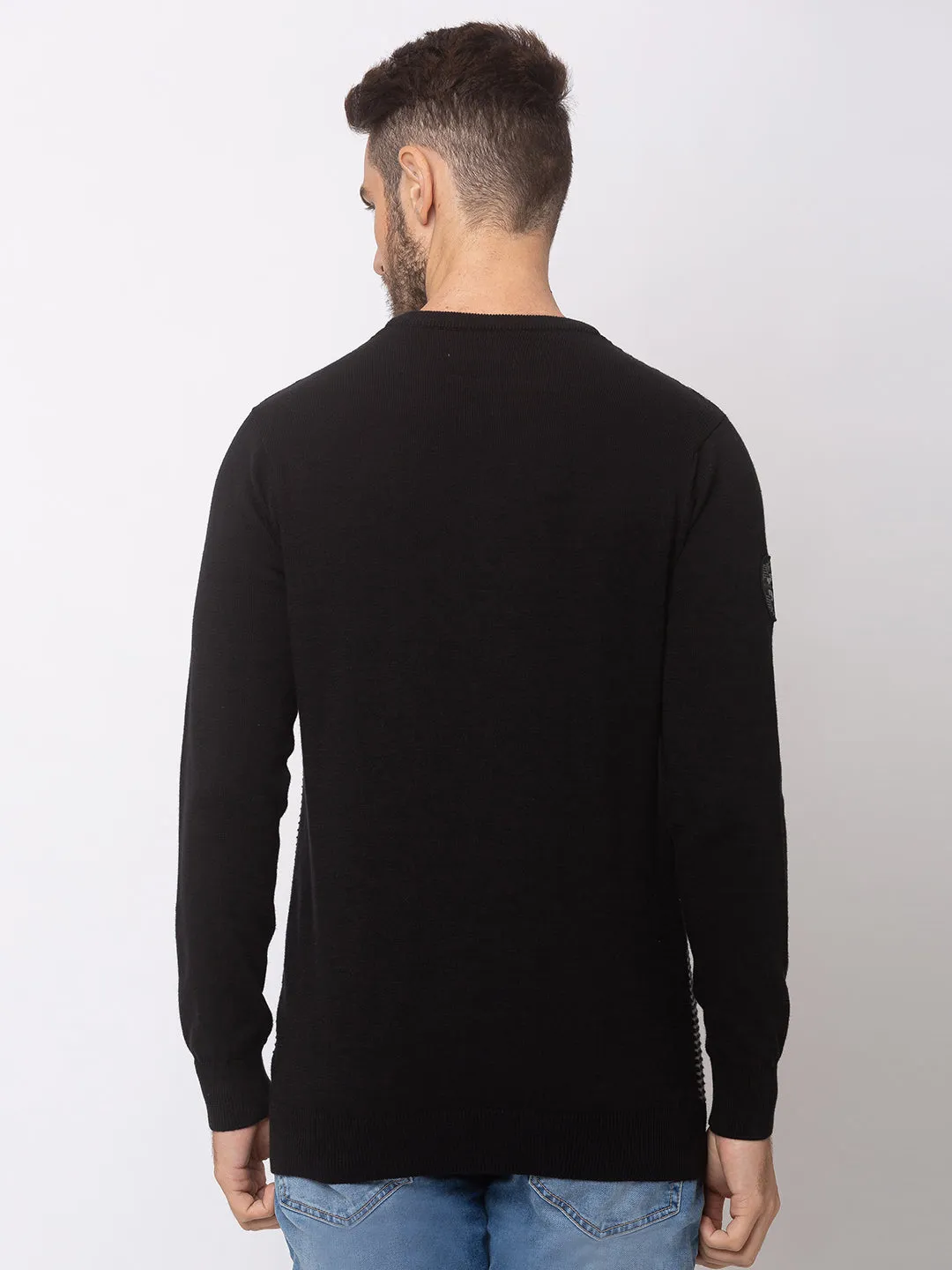 Spykar Men Black Grey Cotton Regular Fit Sweater