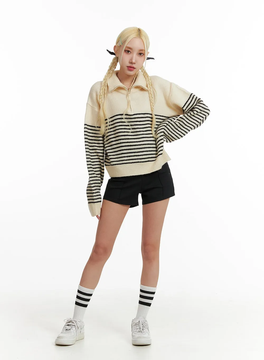 Striped Collar Knit Polo Top IF408