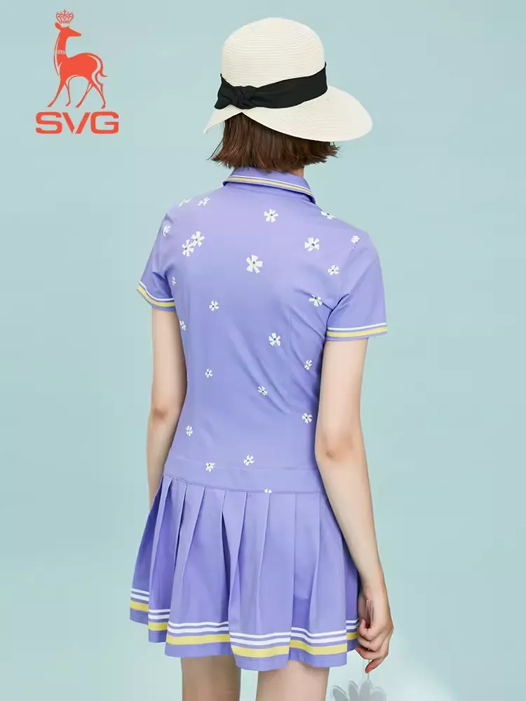 SVG Golf Light Purple Flower Print Pleated Dress