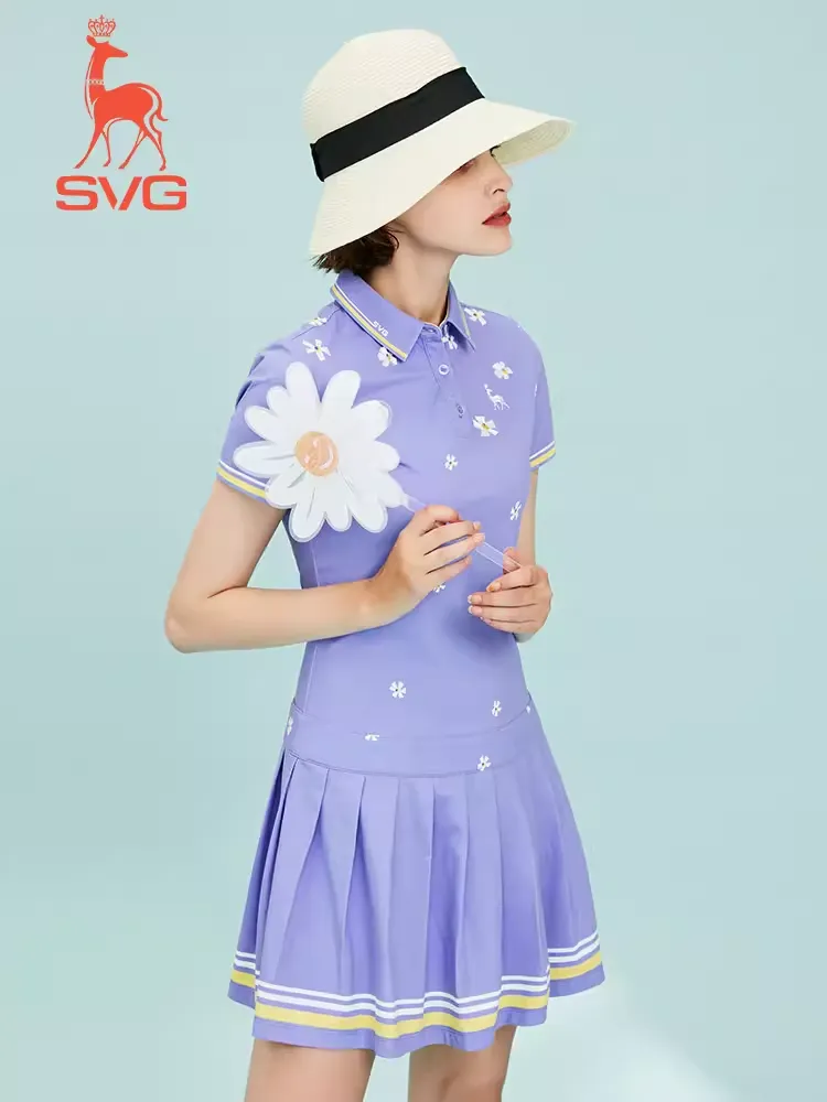 SVG Golf Light Purple Flower Print Pleated Dress