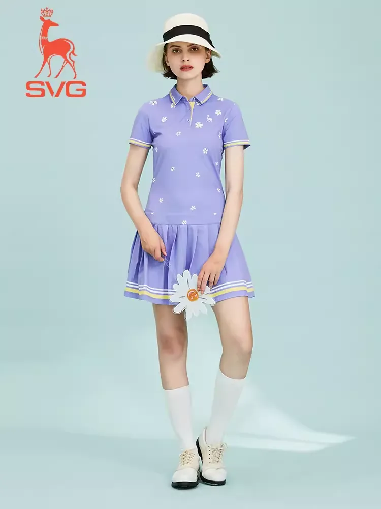 SVG Golf Light Purple Flower Print Pleated Dress