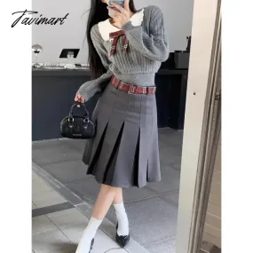 TAVIMART 2024 Spring New Korean Contrast Color Patchwork Bow Loose Casual Long Sleeve Sweater Women   Pleated A-line Skirt Two-piece Suit