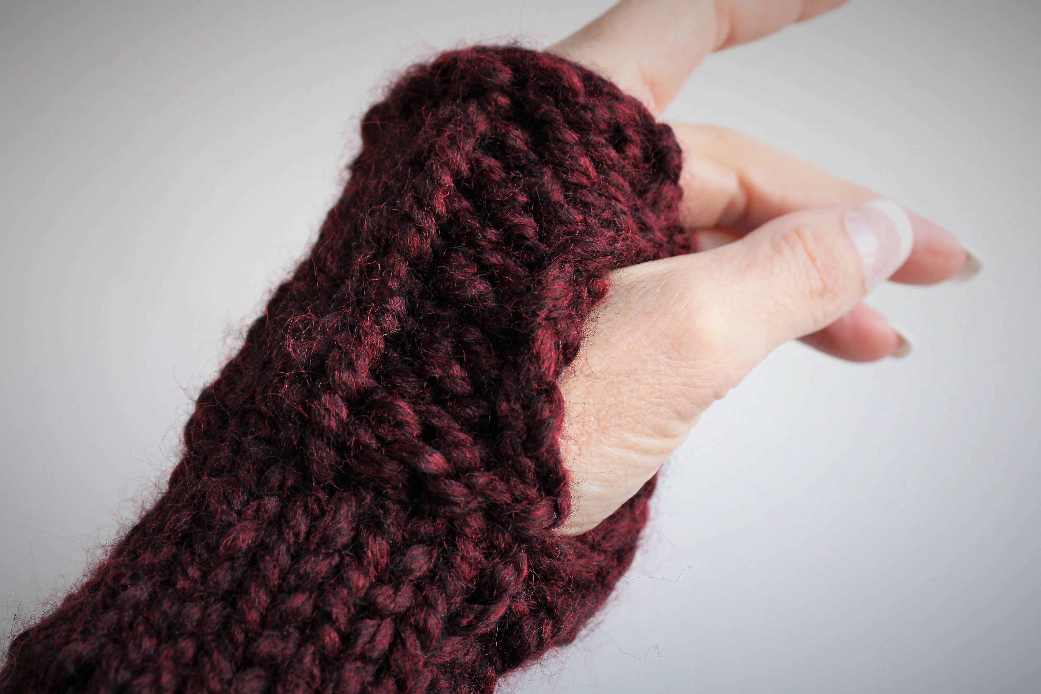 The "Garnet" Handknit Fingerless Gloves in Dark Wine Red