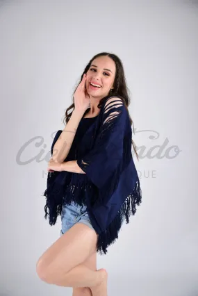 Tulum Raw Frayed Poncho Dark Navy