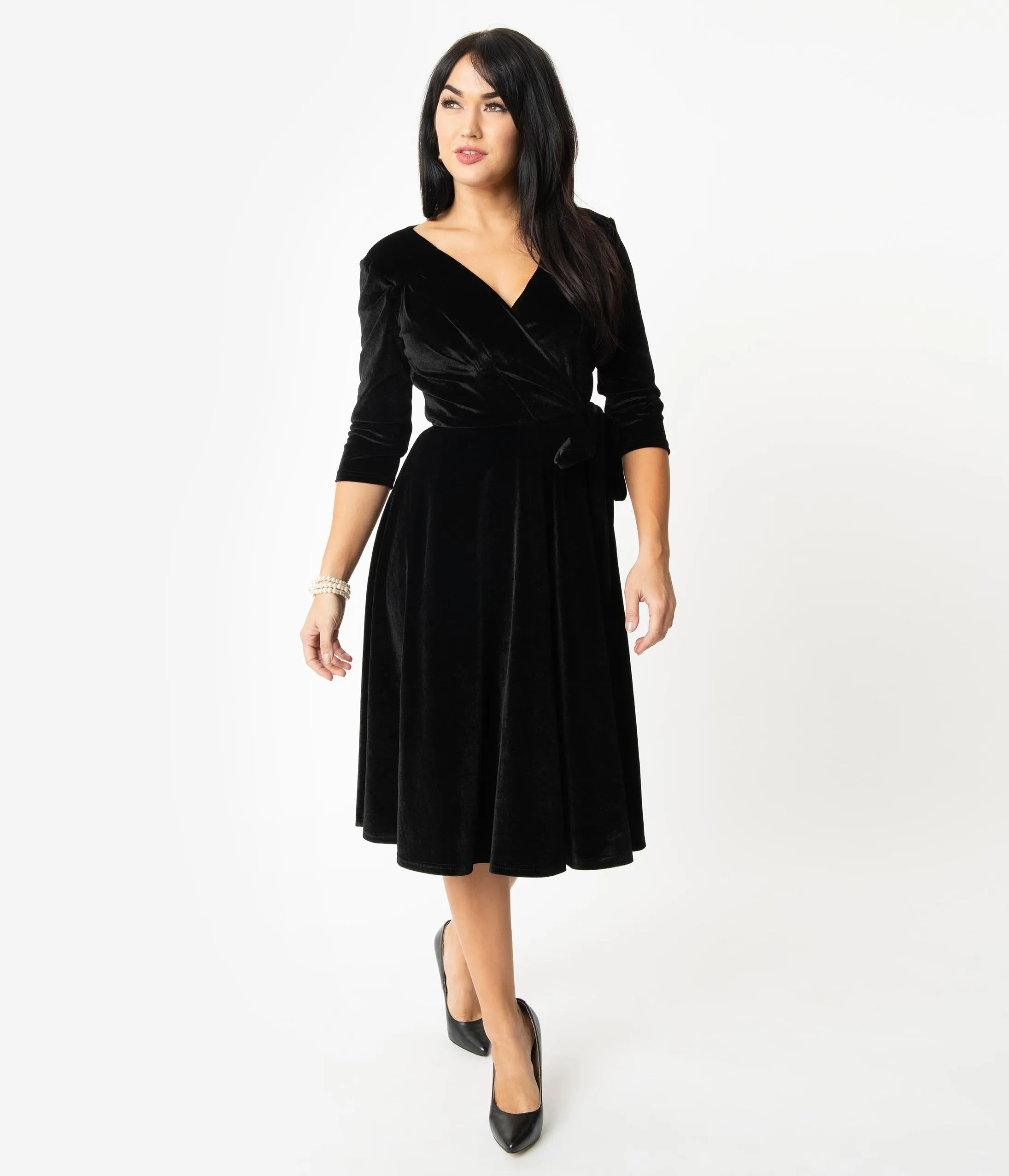 Unique Vintage 1940s Style Black Velvet Kelsie Wrap Dress