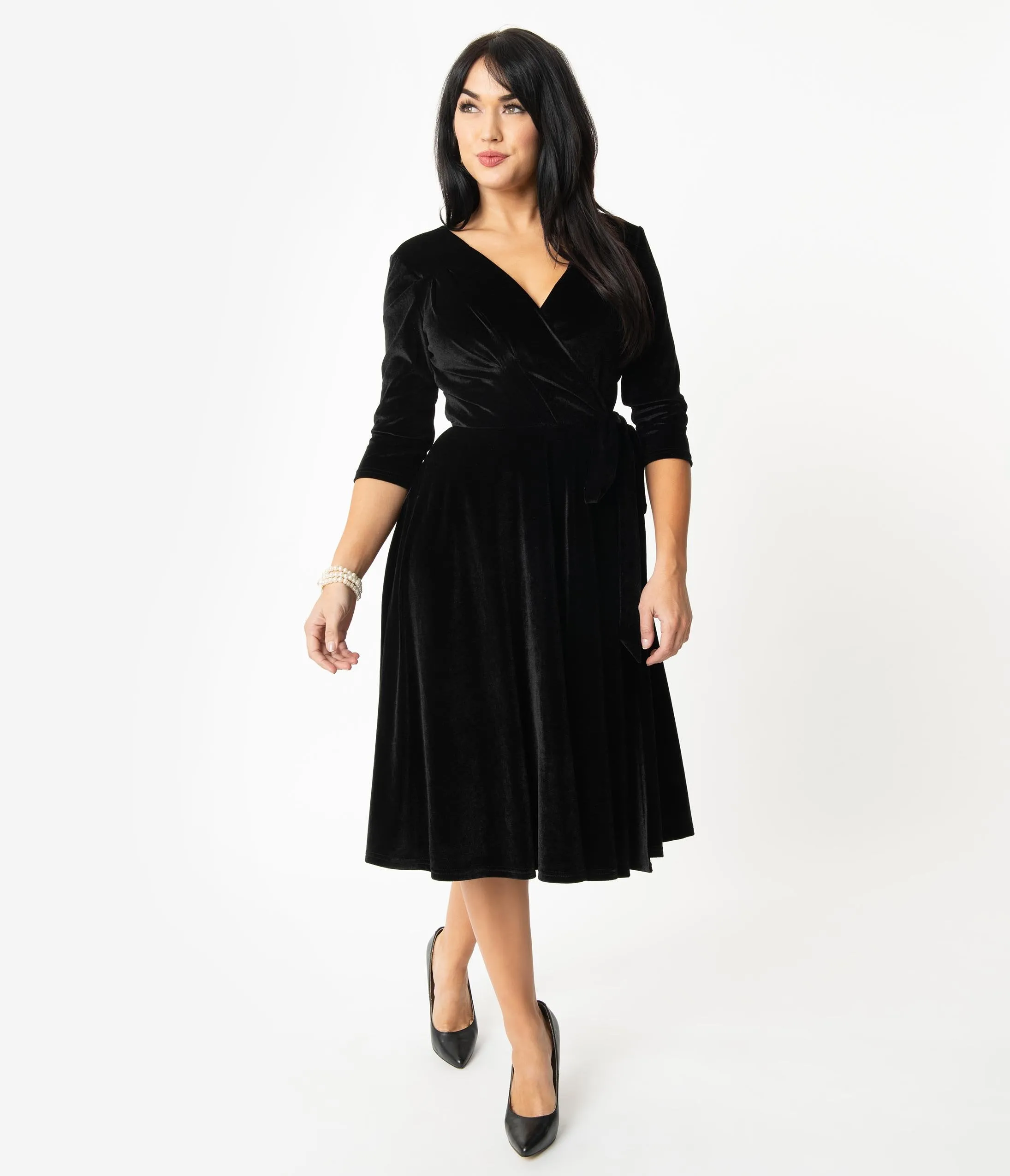 Unique Vintage 1940s Style Black Velvet Kelsie Wrap Dress