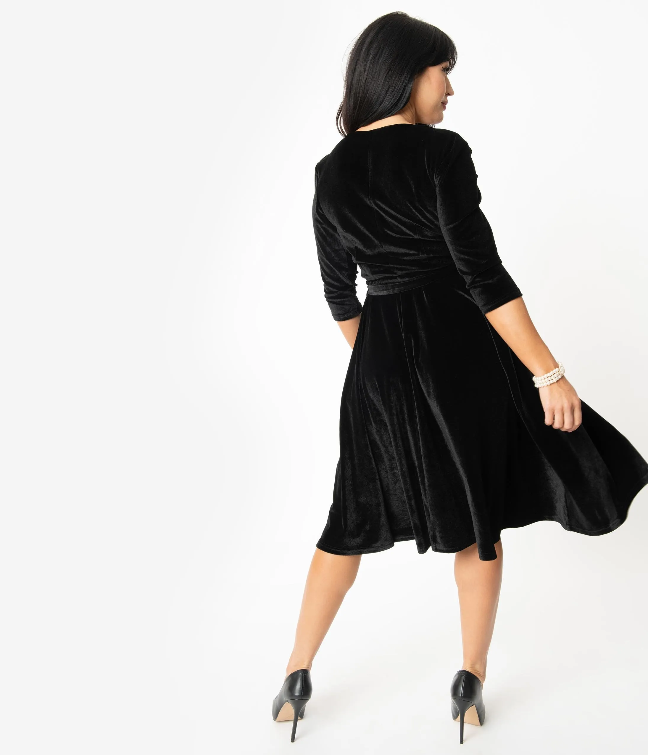 Unique Vintage 1940s Style Black Velvet Kelsie Wrap Dress