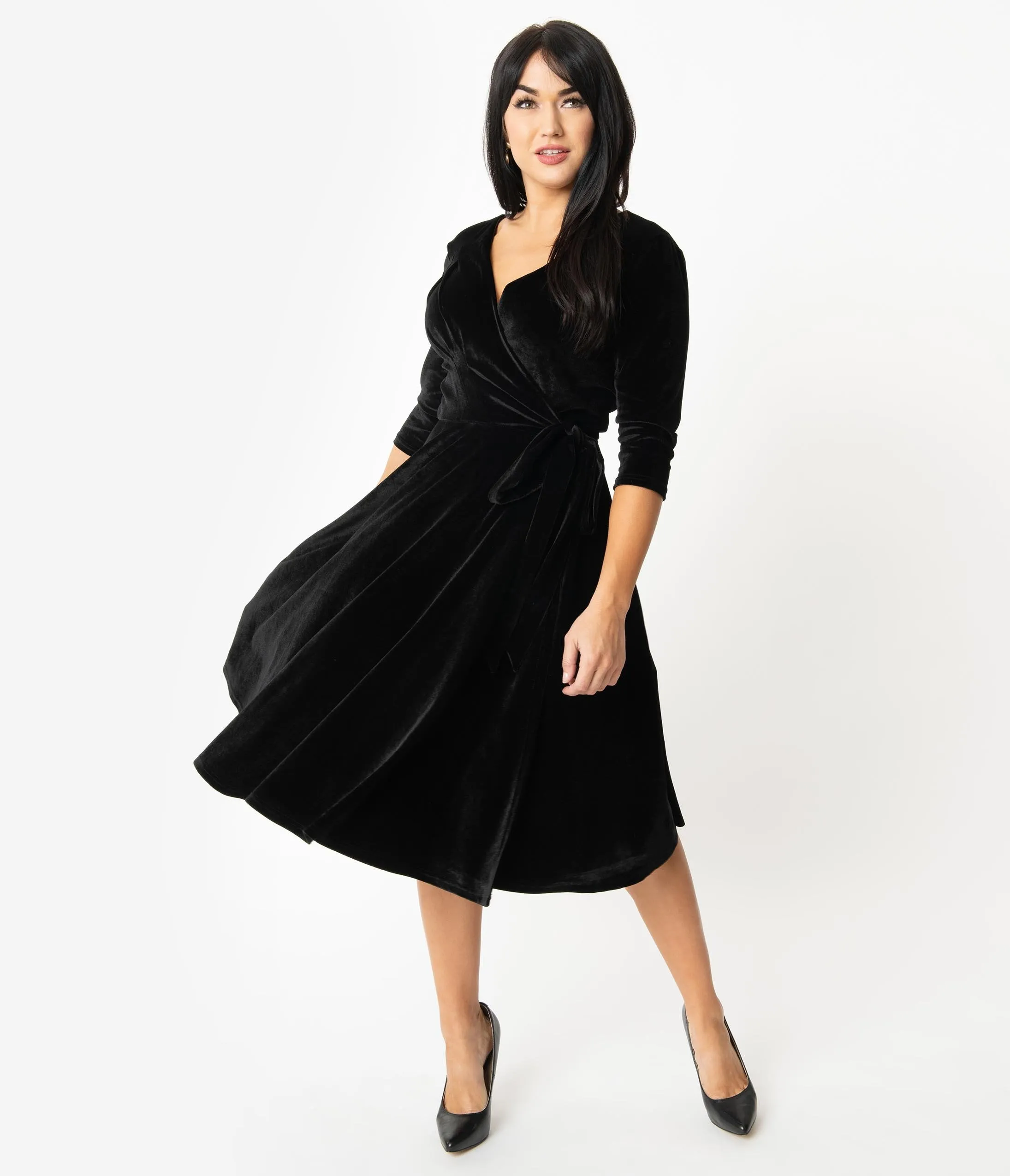 Unique Vintage 1940s Style Black Velvet Kelsie Wrap Dress