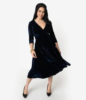 Unique Vintage 1940s Style Navy Blue Velvet Kelsie Wrap Dress