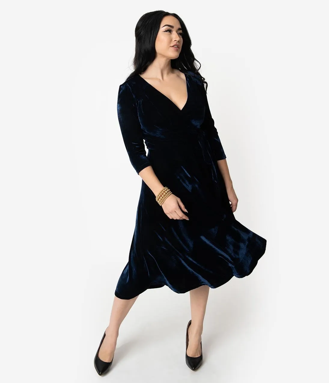 Unique Vintage 1940s Style Navy Blue Velvet Kelsie Wrap Dress