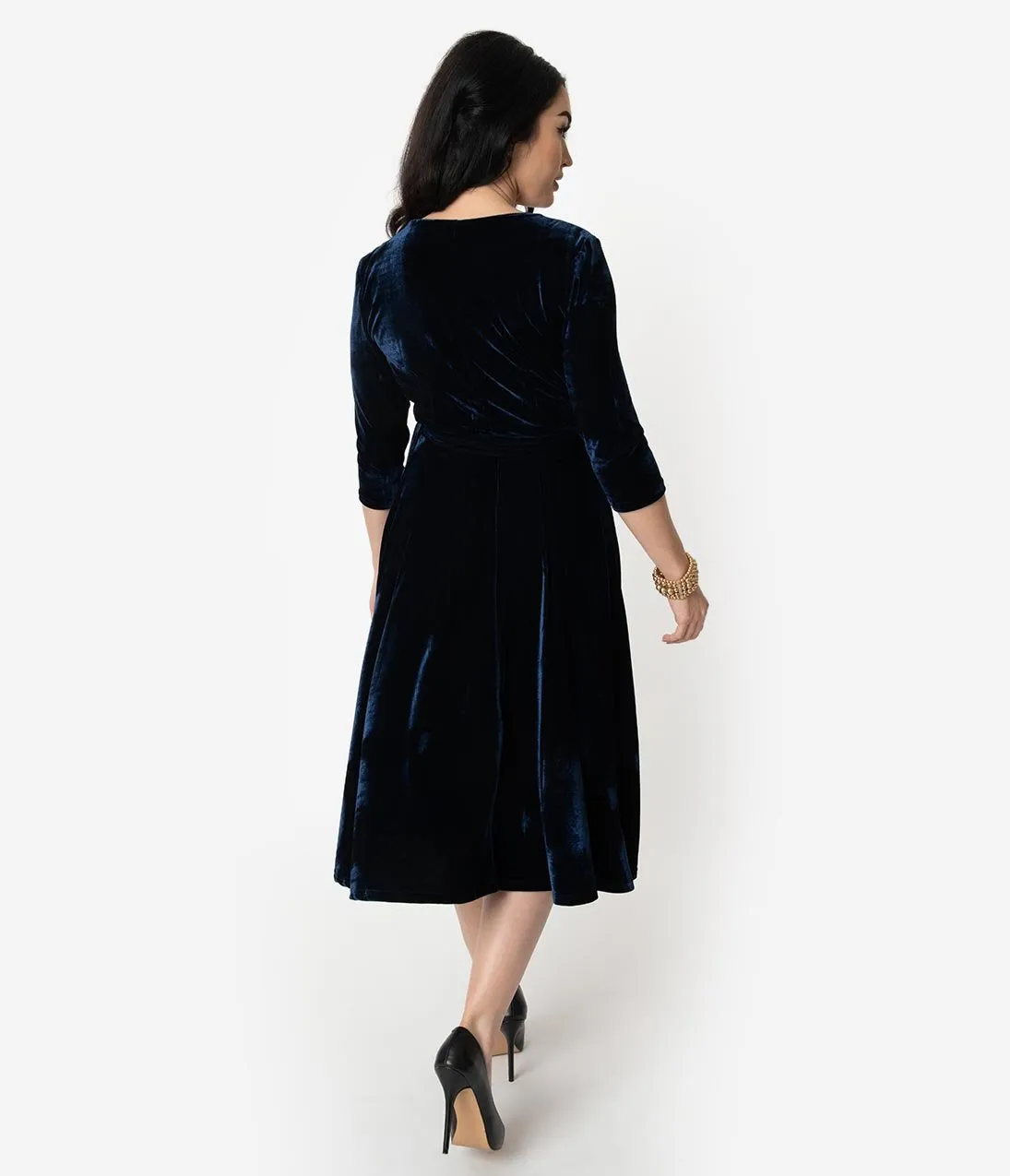 Unique Vintage 1940s Style Navy Blue Velvet Kelsie Wrap Dress