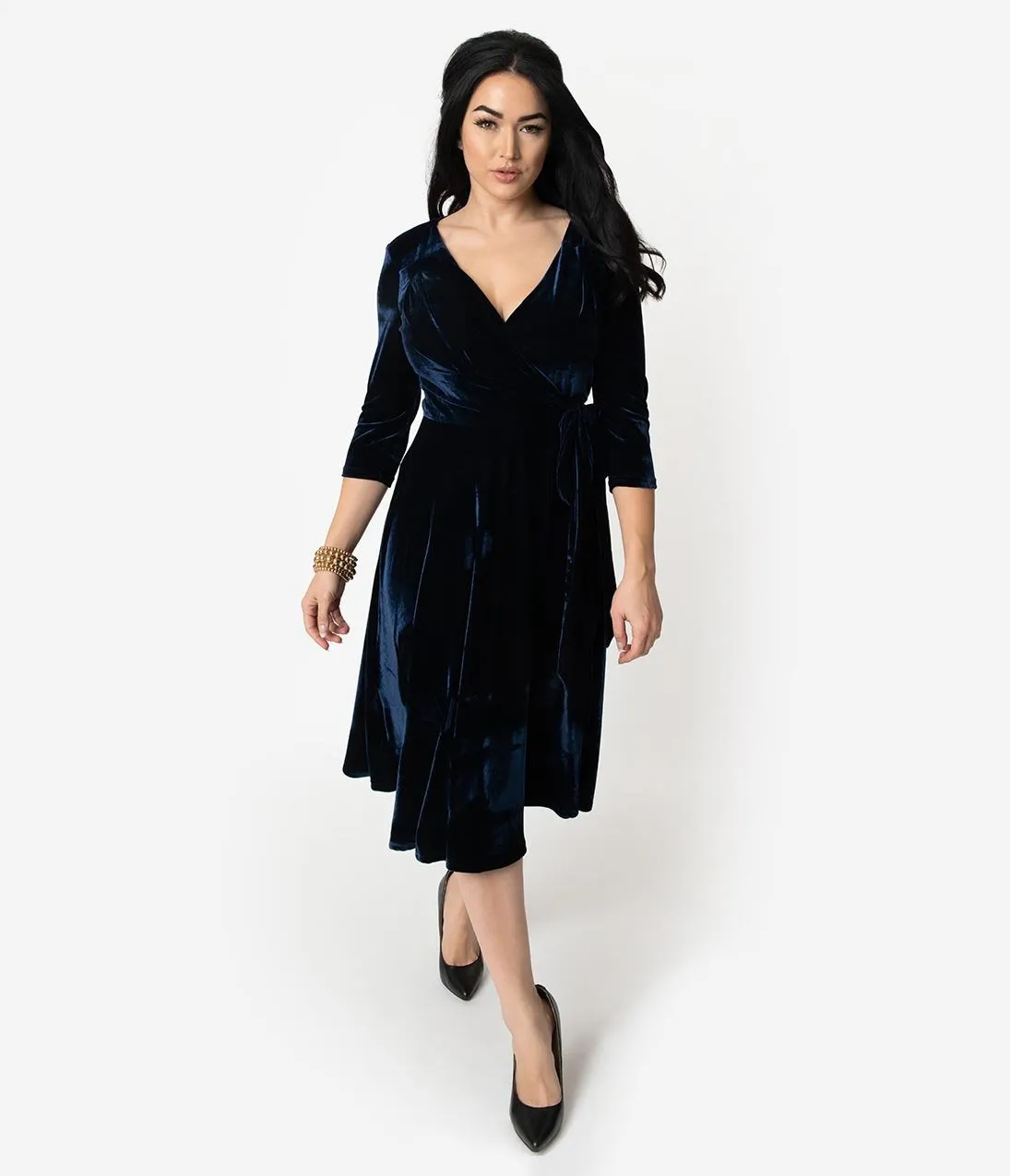 Unique Vintage 1940s Style Navy Blue Velvet Kelsie Wrap Dress