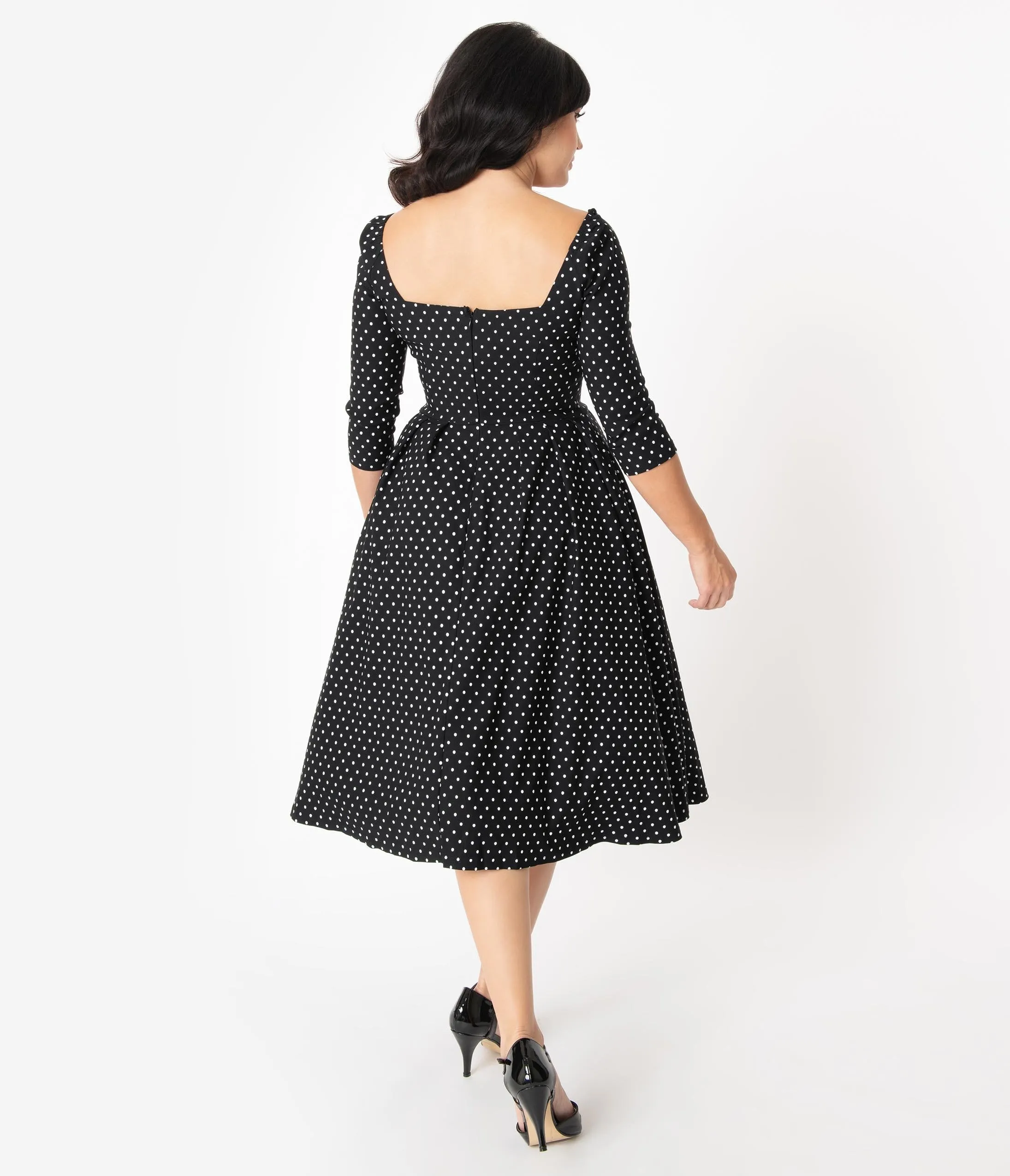 Unique Vintage 1950s Black & White Pin Dot Sweetheart Lamar Swing Dress