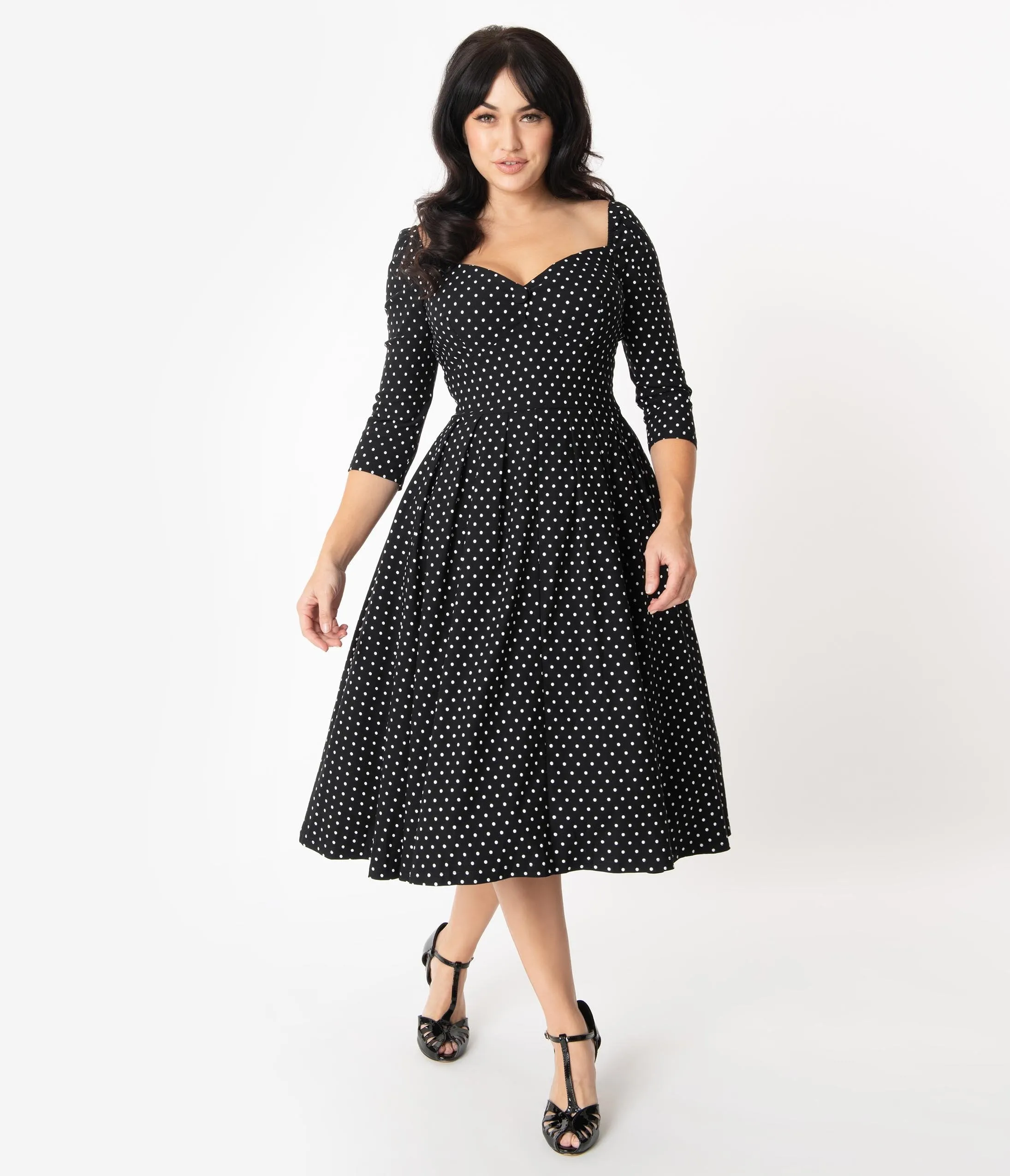 Unique Vintage 1950s Black & White Pin Dot Sweetheart Lamar Swing Dress