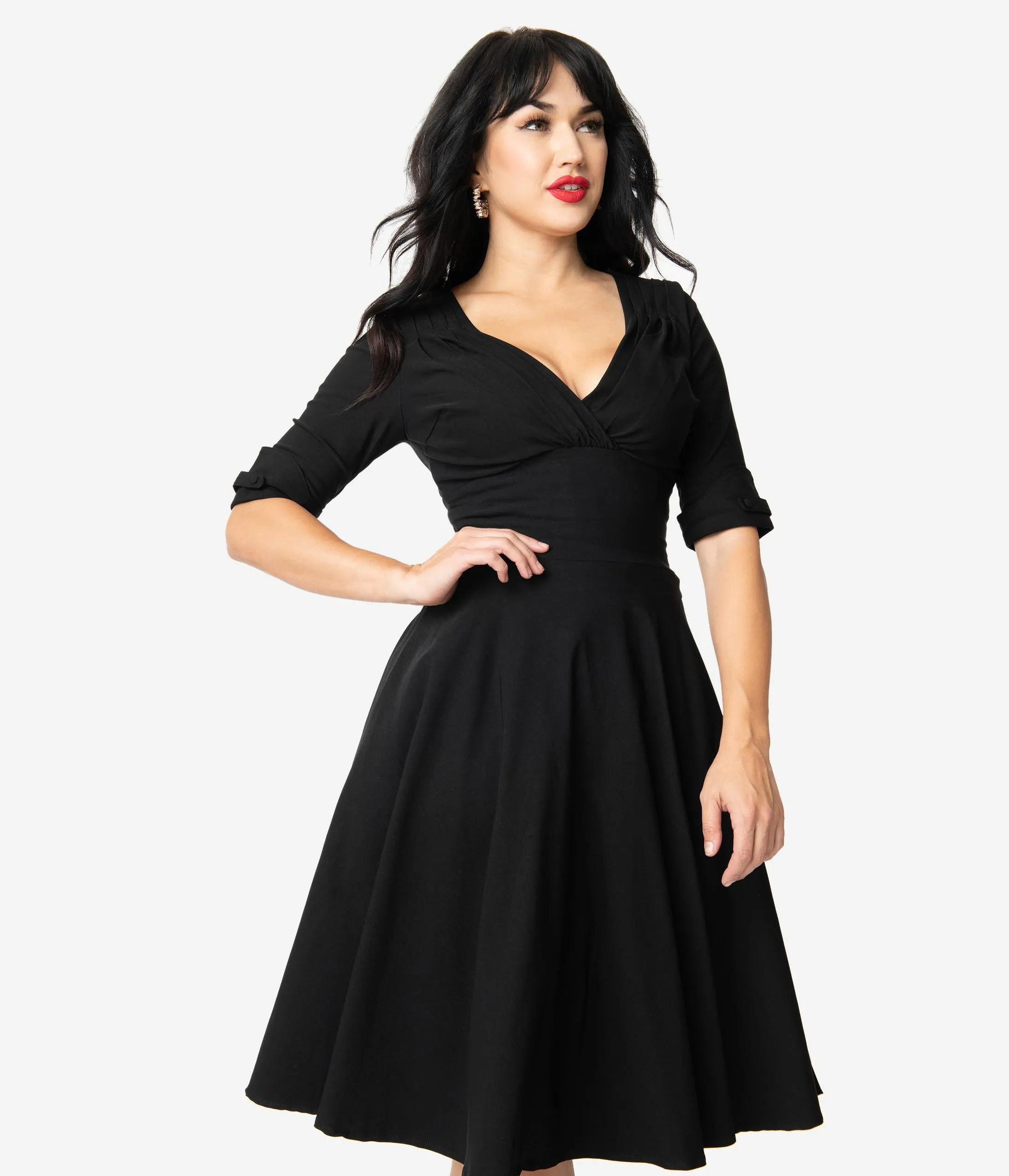 Unique Vintage 1950s Black Delores Swing Dress with Sleeves