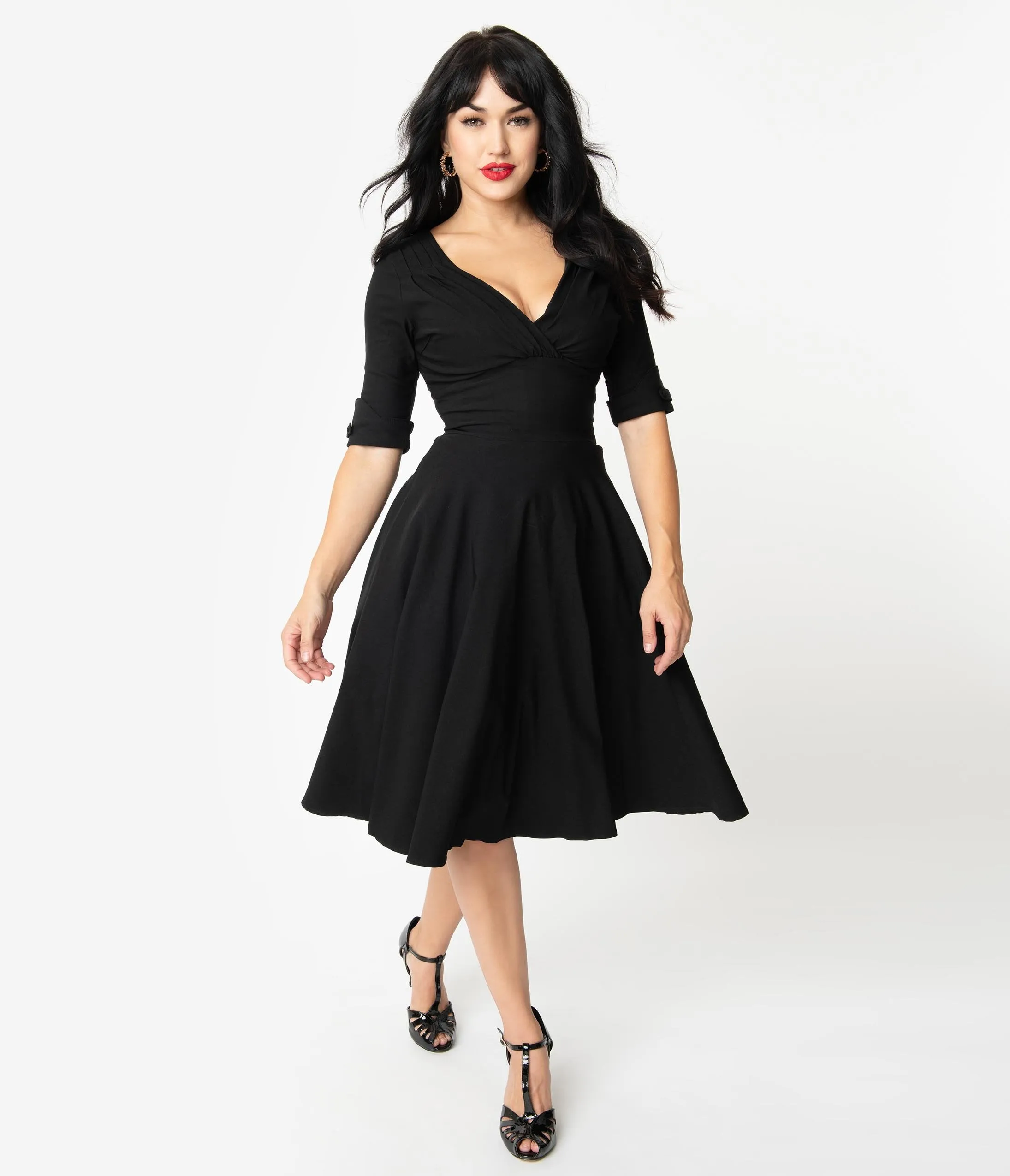 Unique Vintage 1950s Black Delores Swing Dress with Sleeves