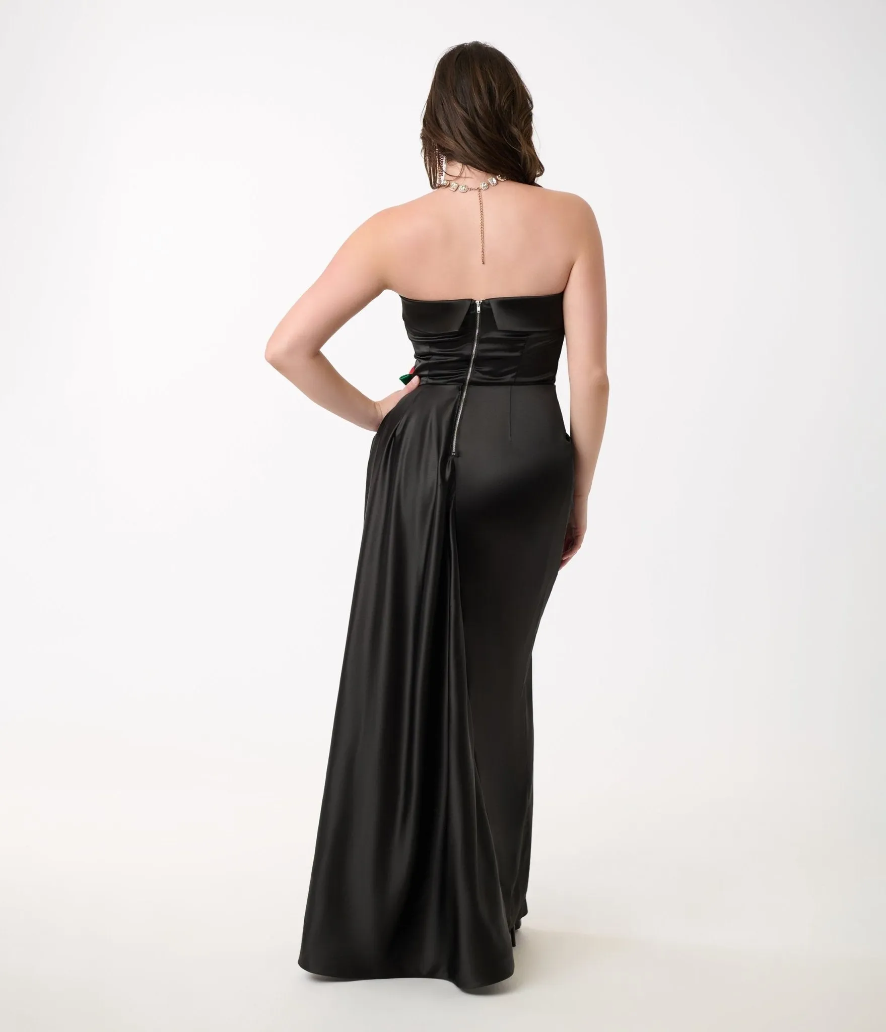 Unique Vintage 1950s Black Satin Strapless Enchanted Evening Gown