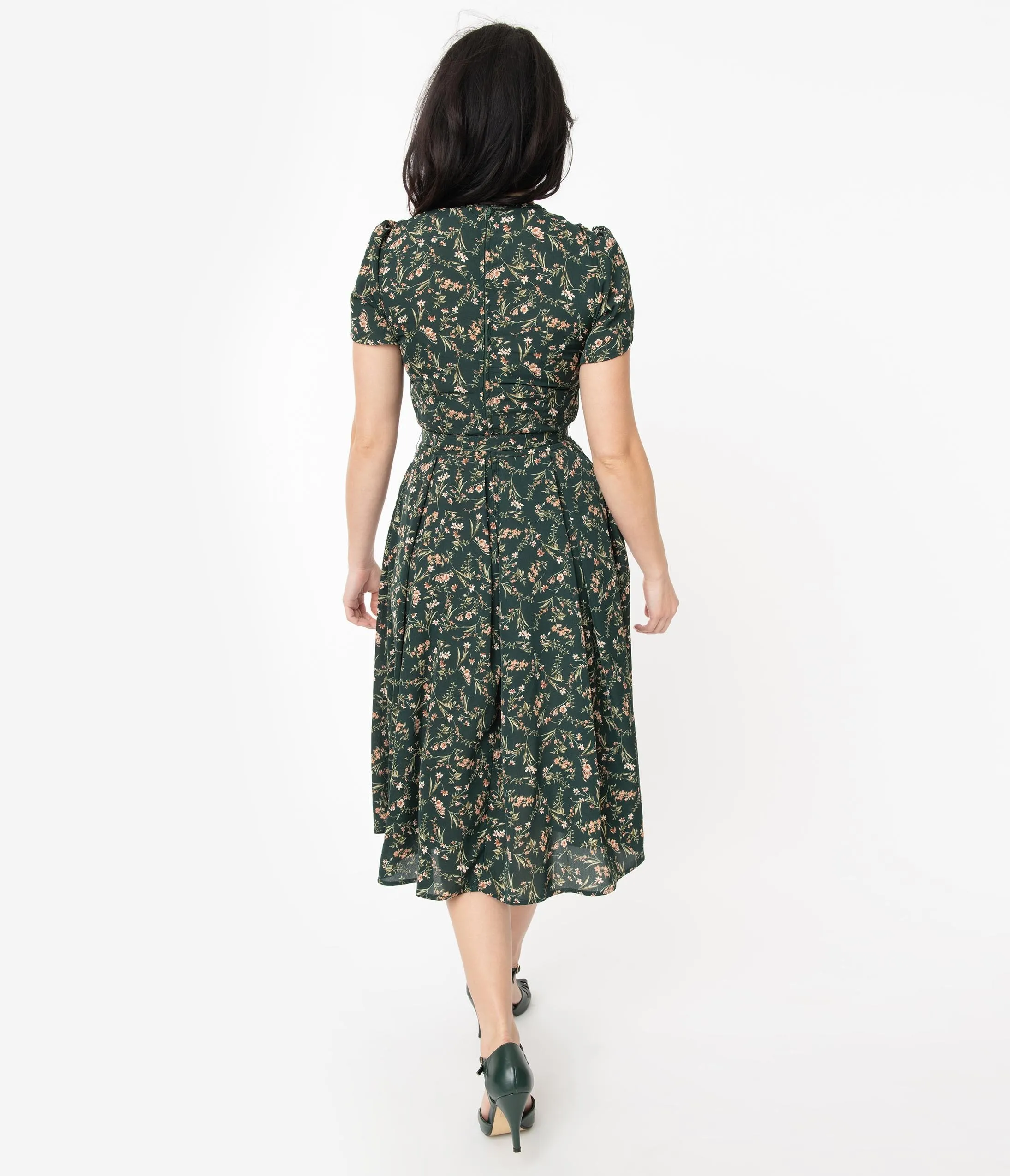 Unique Vintage 1950s Emerald & Pink Floral Dahlia Midi Dress