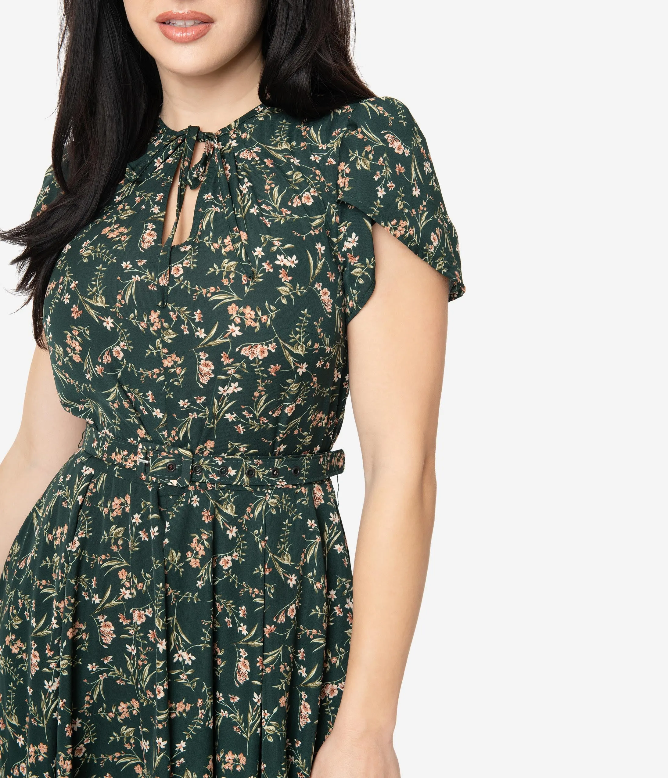 Unique Vintage 1950s Emerald & Pink Floral Dahlia Midi Dress