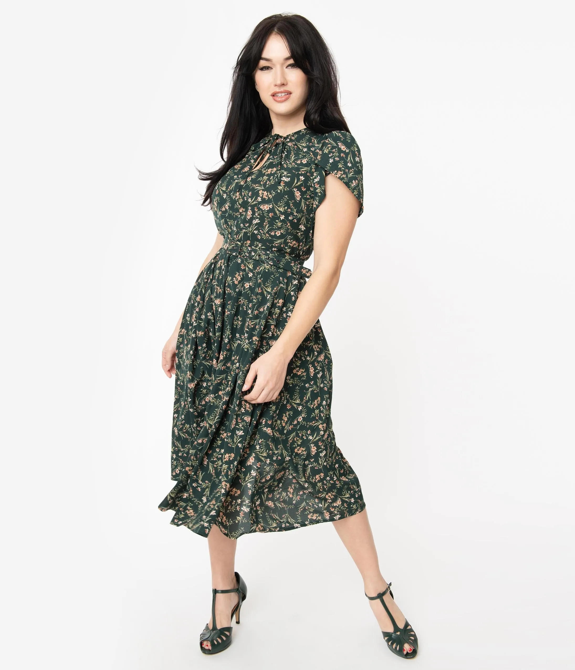 Unique Vintage 1950s Emerald & Pink Floral Dahlia Midi Dress