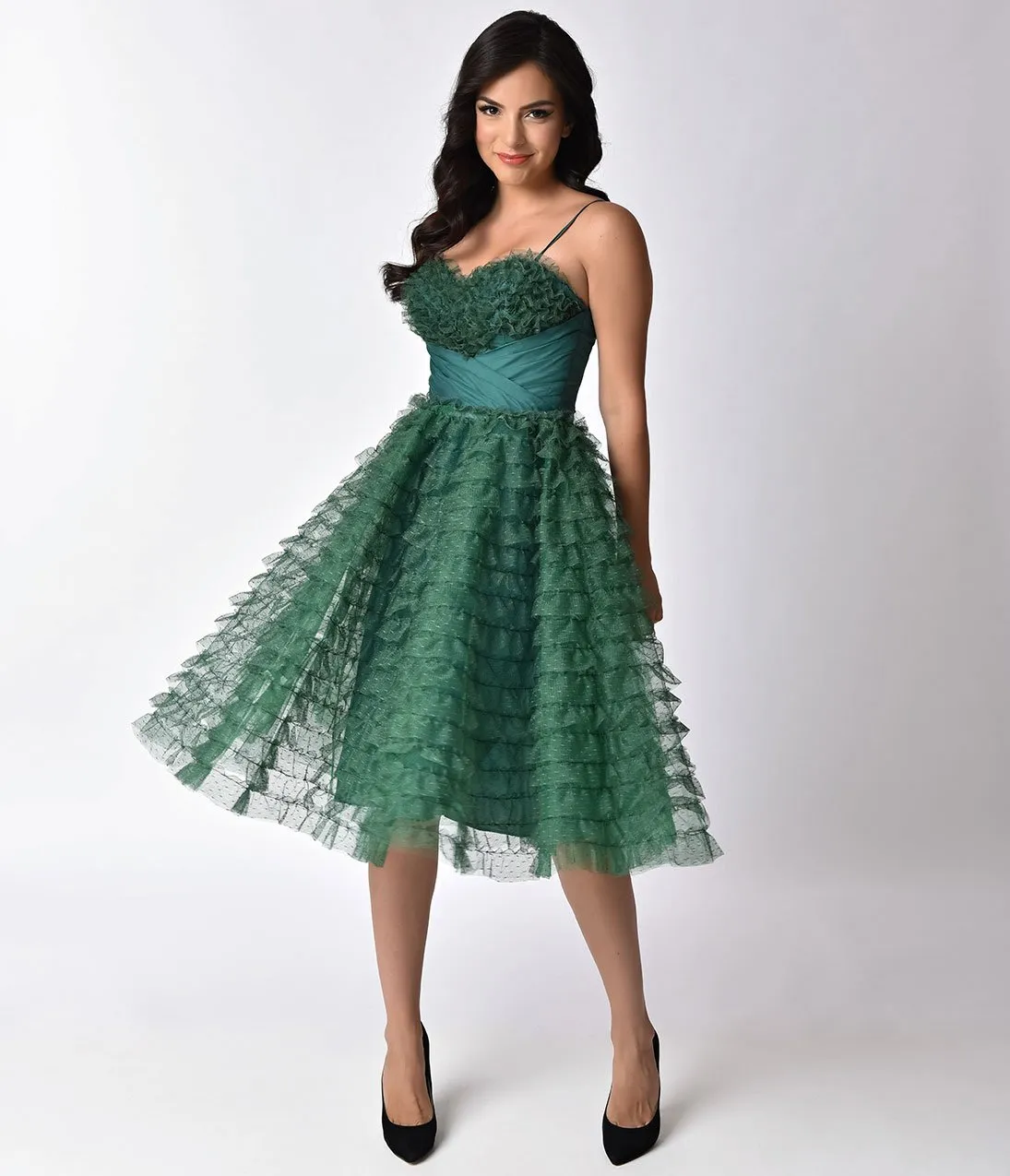 Unique Vintage 1950s Emerald Green Ruffled Tulle Sweetheart Cupcake Swing Dress