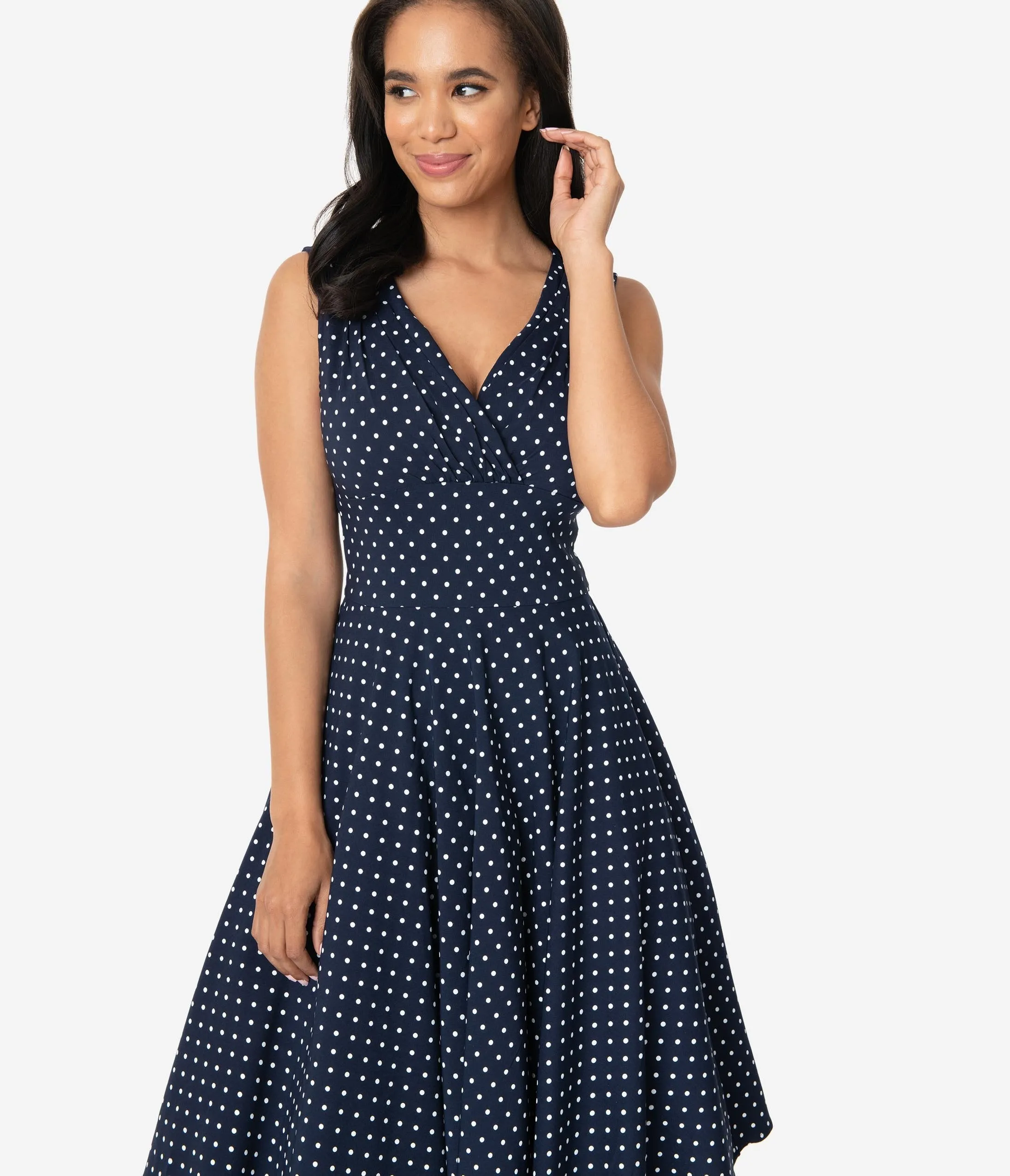 Unique Vintage 1950s Navy & White Pin Dot Sleeveless Delores Swing Dress