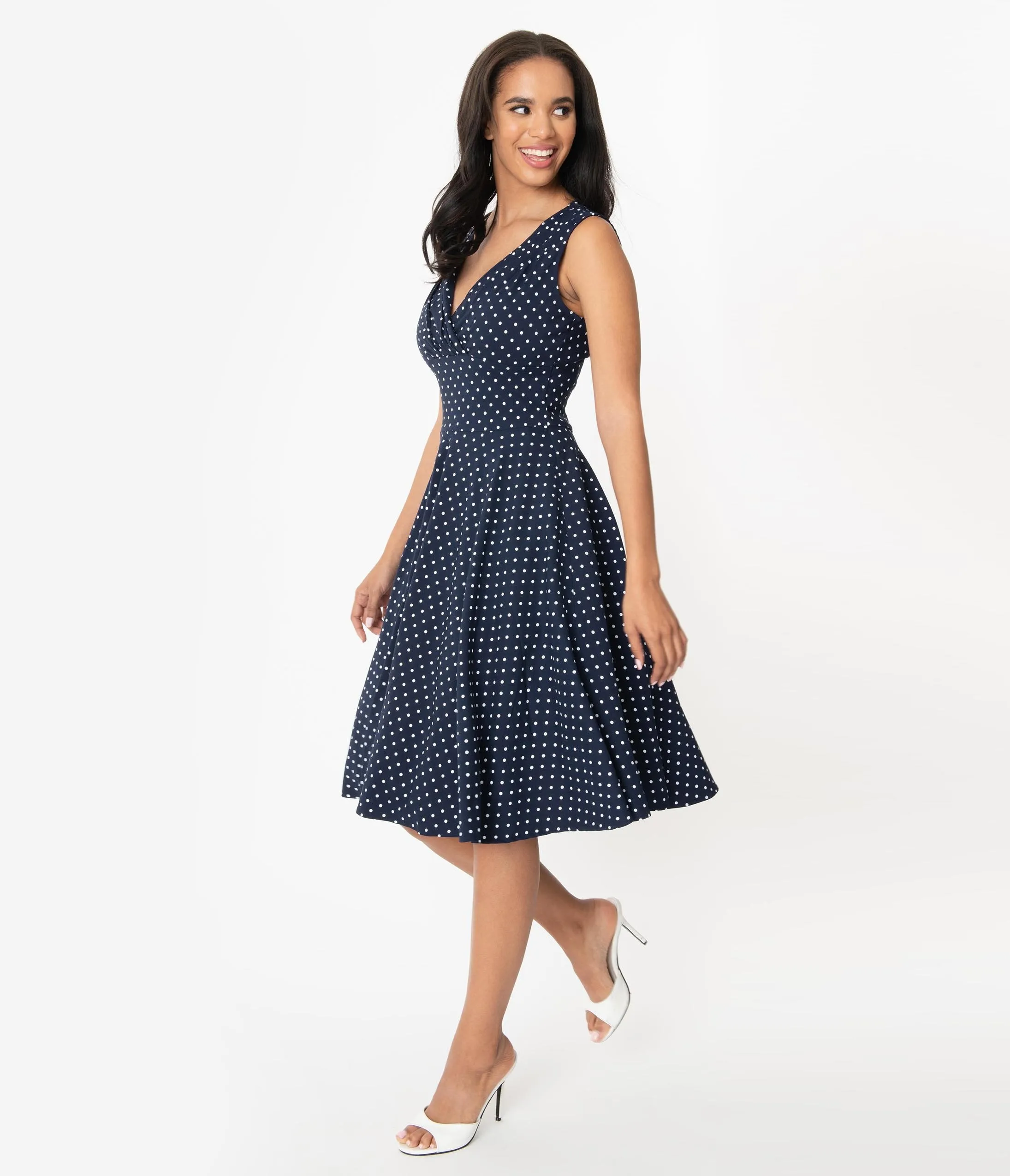 Unique Vintage 1950s Navy & White Pin Dot Sleeveless Delores Swing Dress