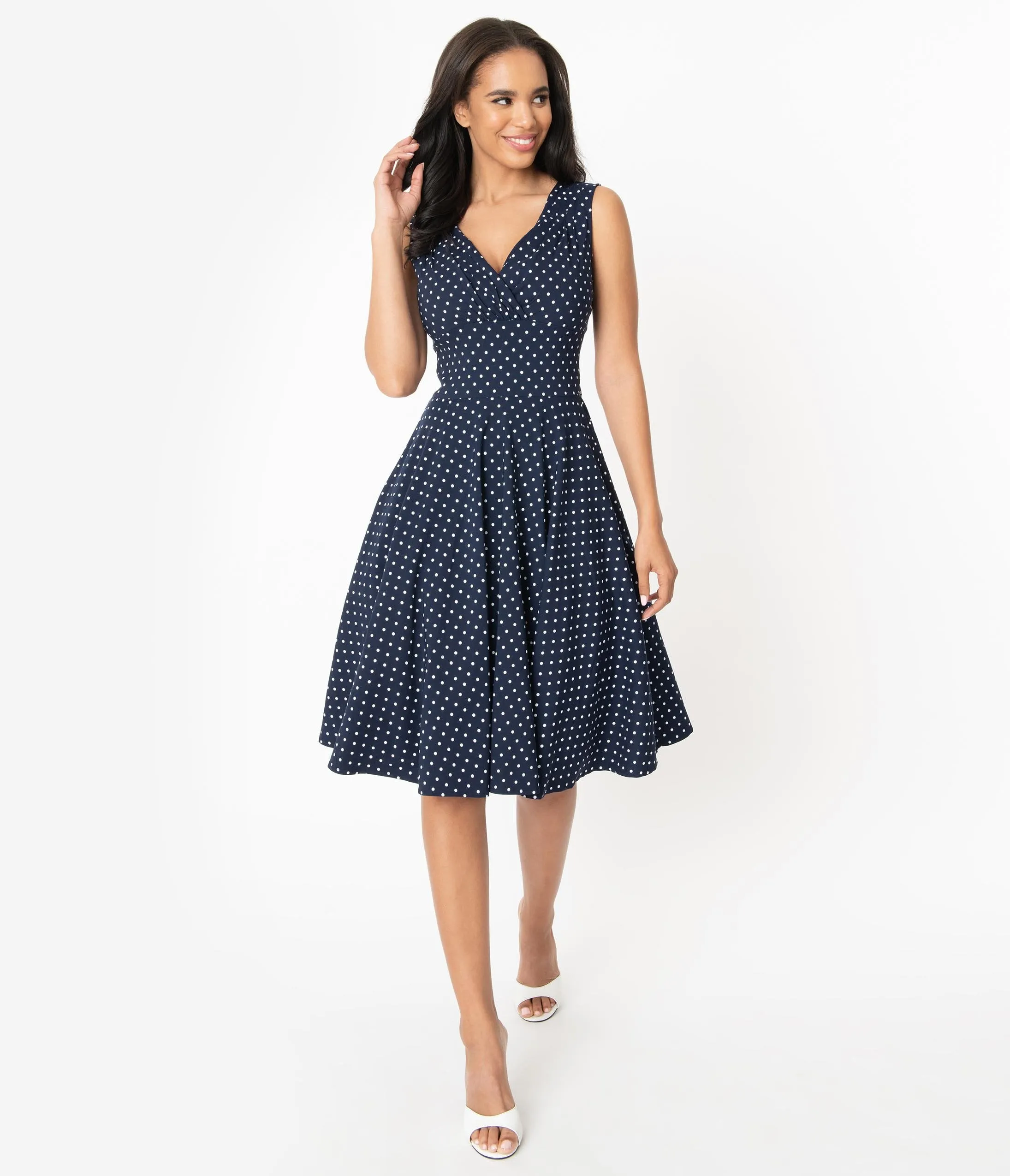 Unique Vintage 1950s Navy & White Pin Dot Sleeveless Delores Swing Dress