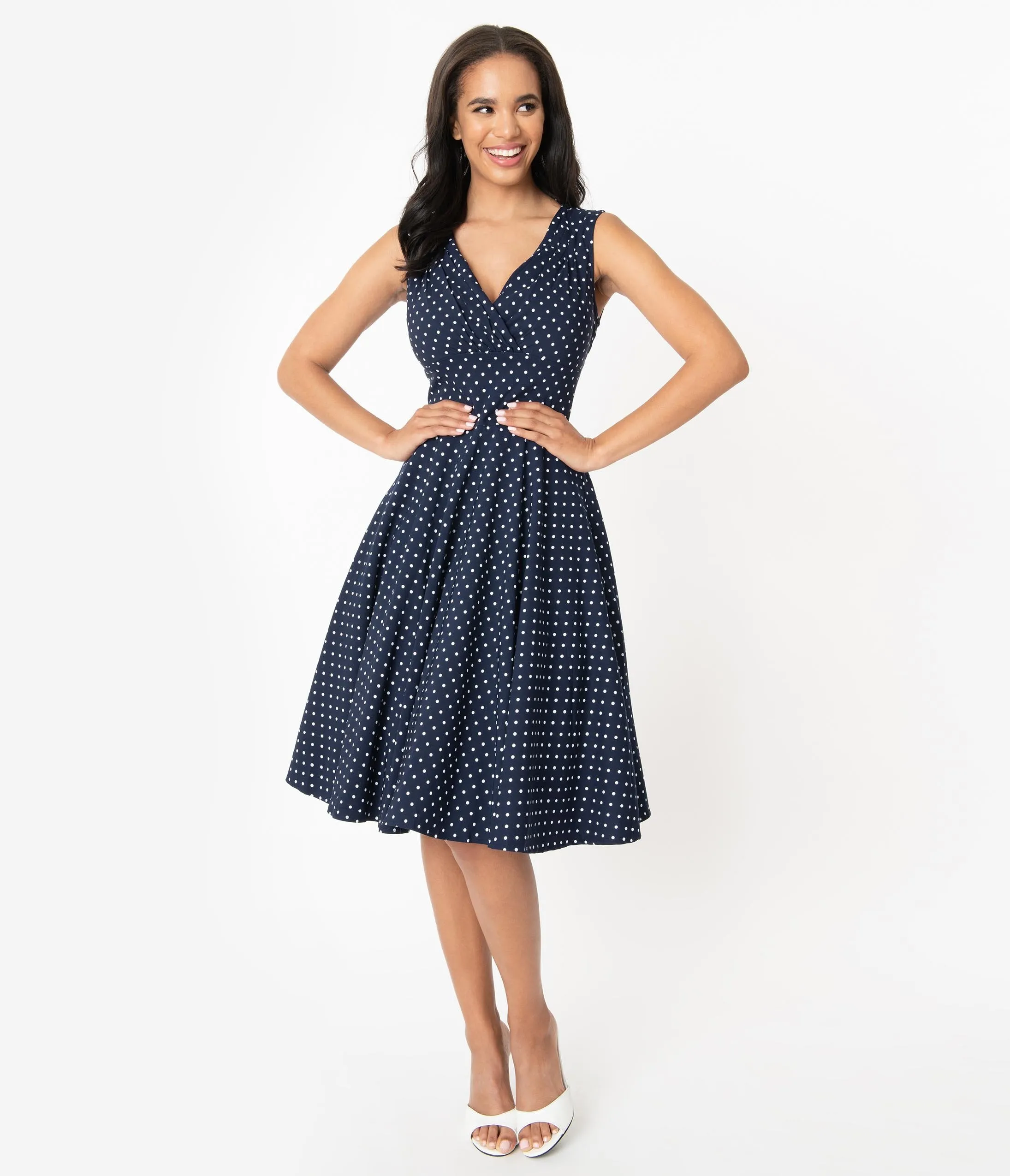 Unique Vintage 1950s Navy & White Pin Dot Sleeveless Delores Swing Dress