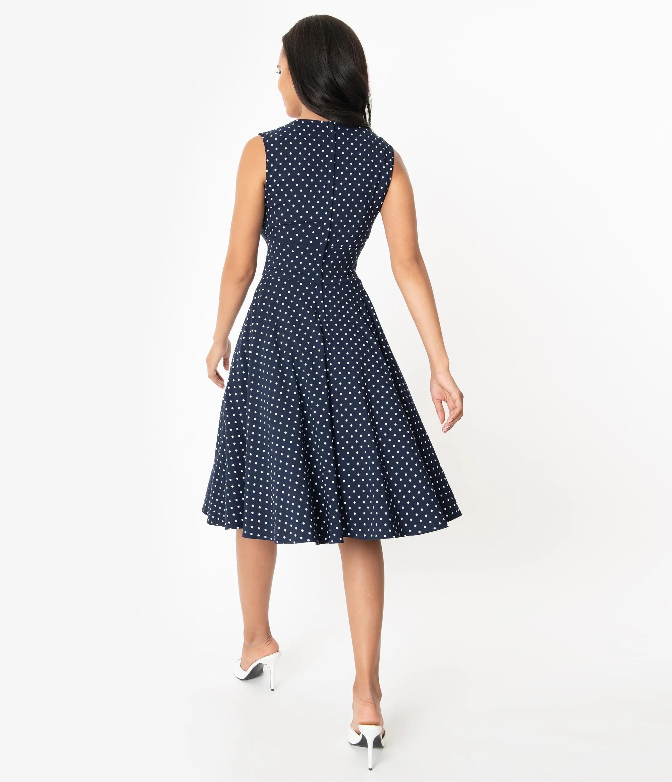 Unique Vintage 1950s Navy & White Pin Dot Sleeveless Delores Swing Dress