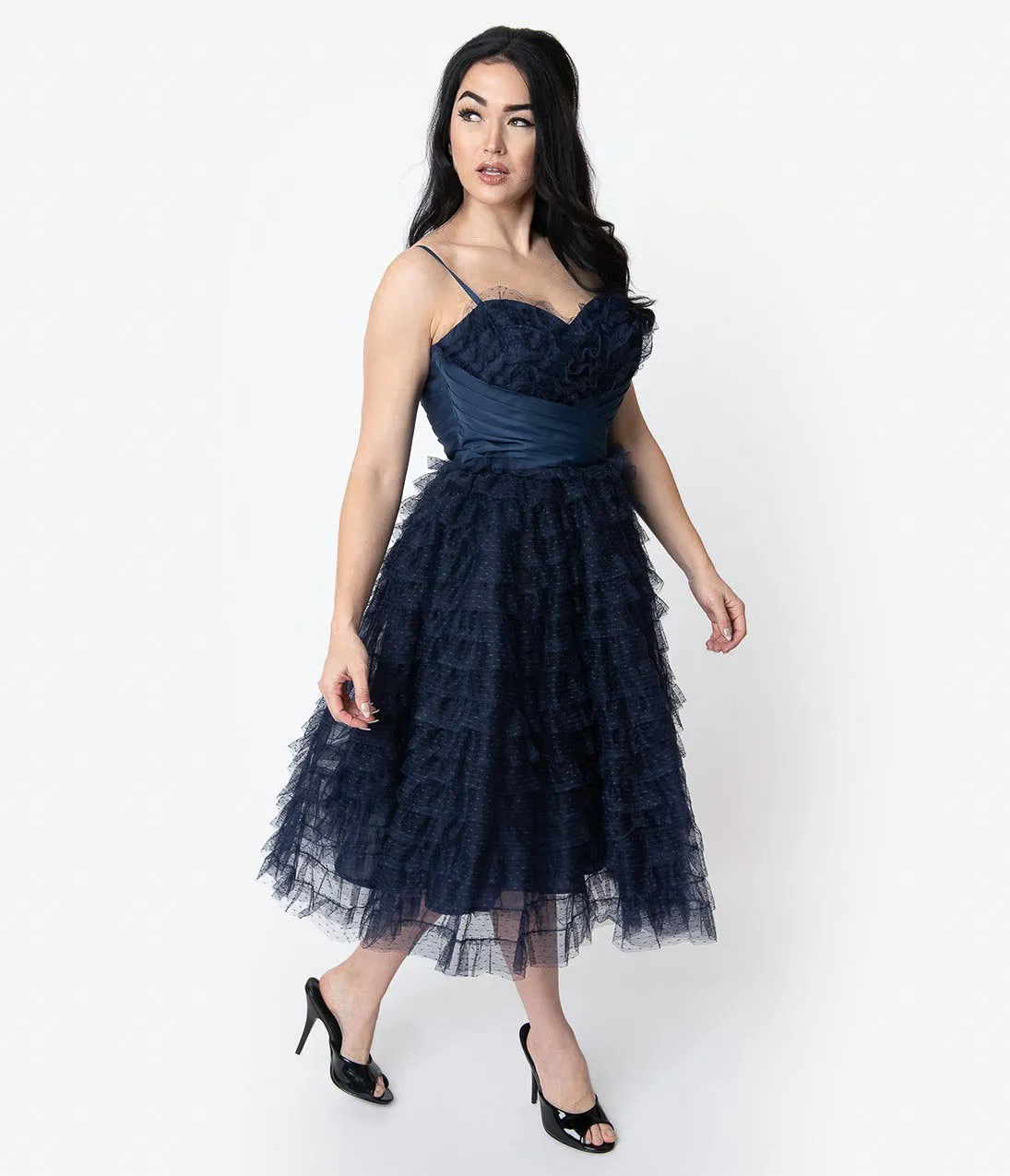 Unique Vintage 1950s Navy Ruffled Tulle Sweetheart Cupcake Swing Dress