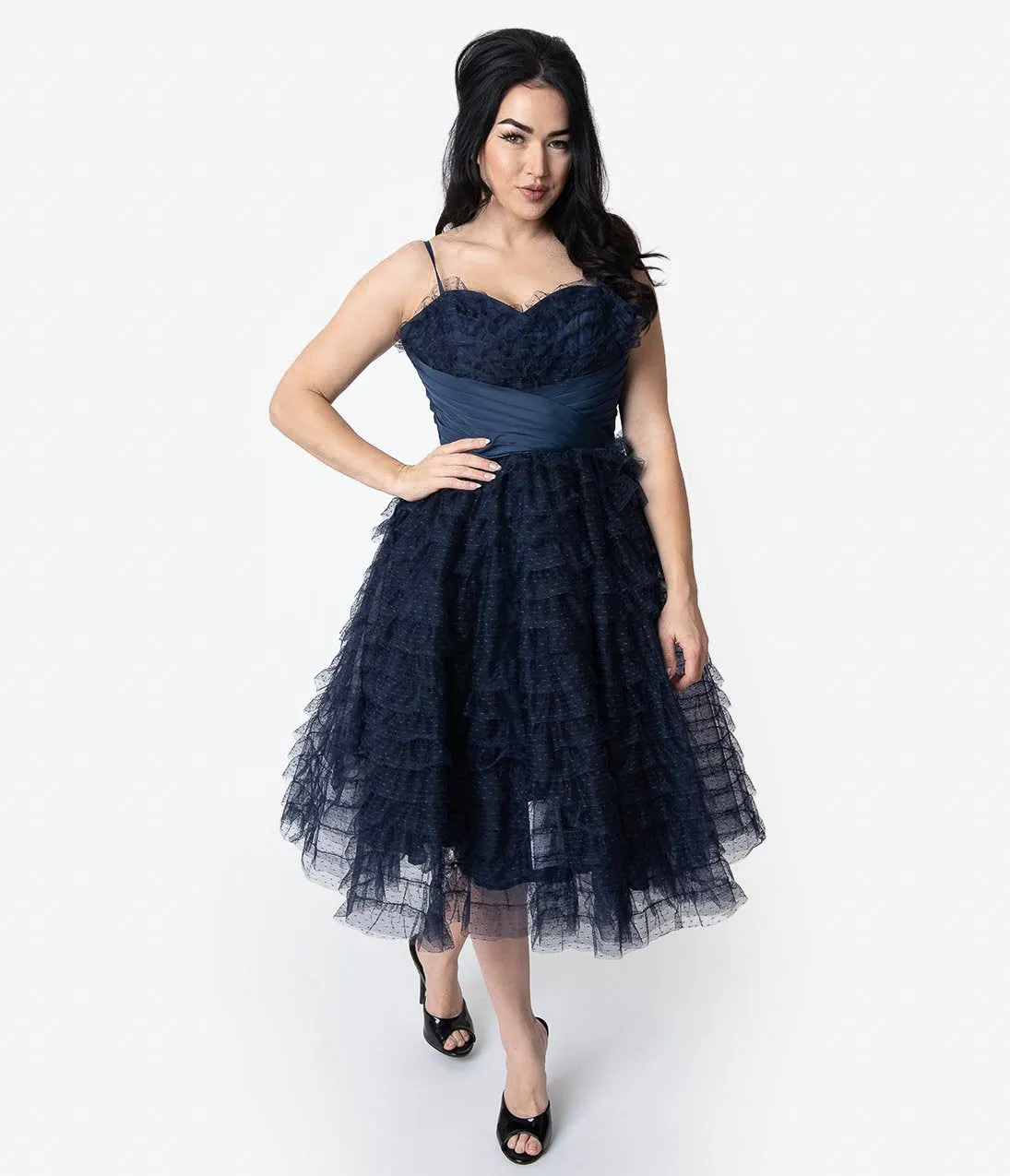 Unique Vintage 1950s Navy Ruffled Tulle Sweetheart Cupcake Swing Dress