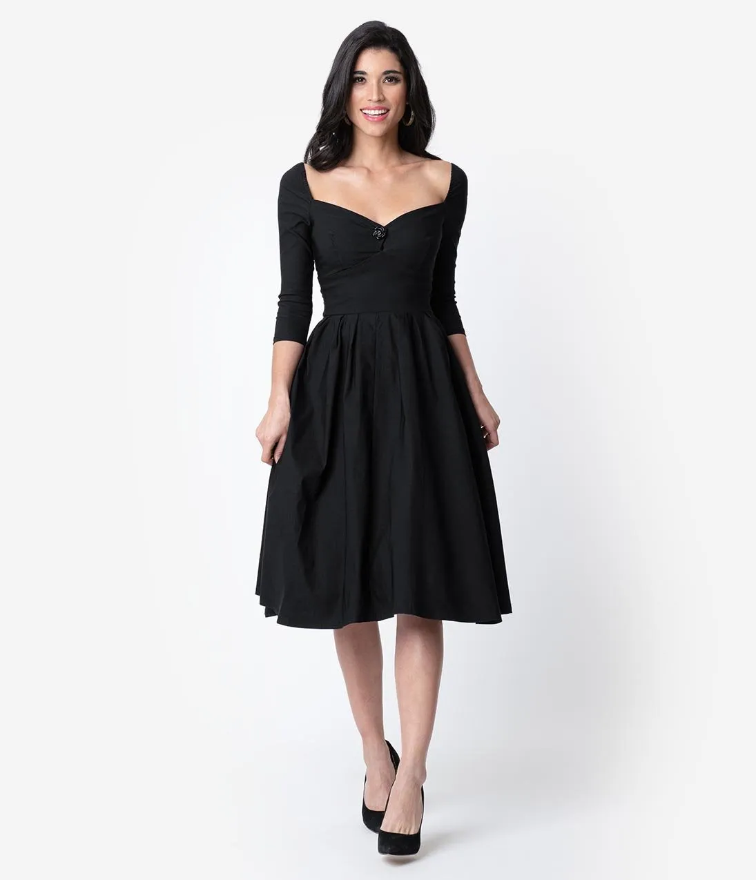 Unique Vintage 1950s Style Black Bengaline Sweetheart Lamar Swing Dress