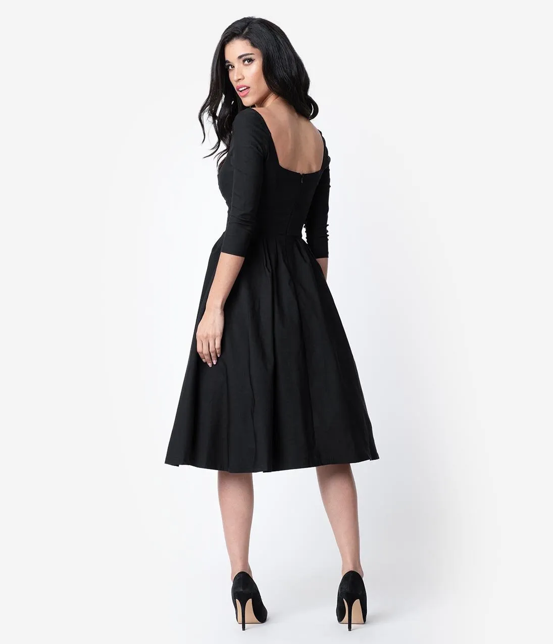 Unique Vintage 1950s Style Black Bengaline Sweetheart Lamar Swing Dress