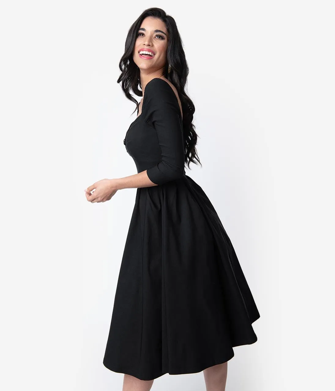 Unique Vintage 1950s Style Black Bengaline Sweetheart Lamar Swing Dress