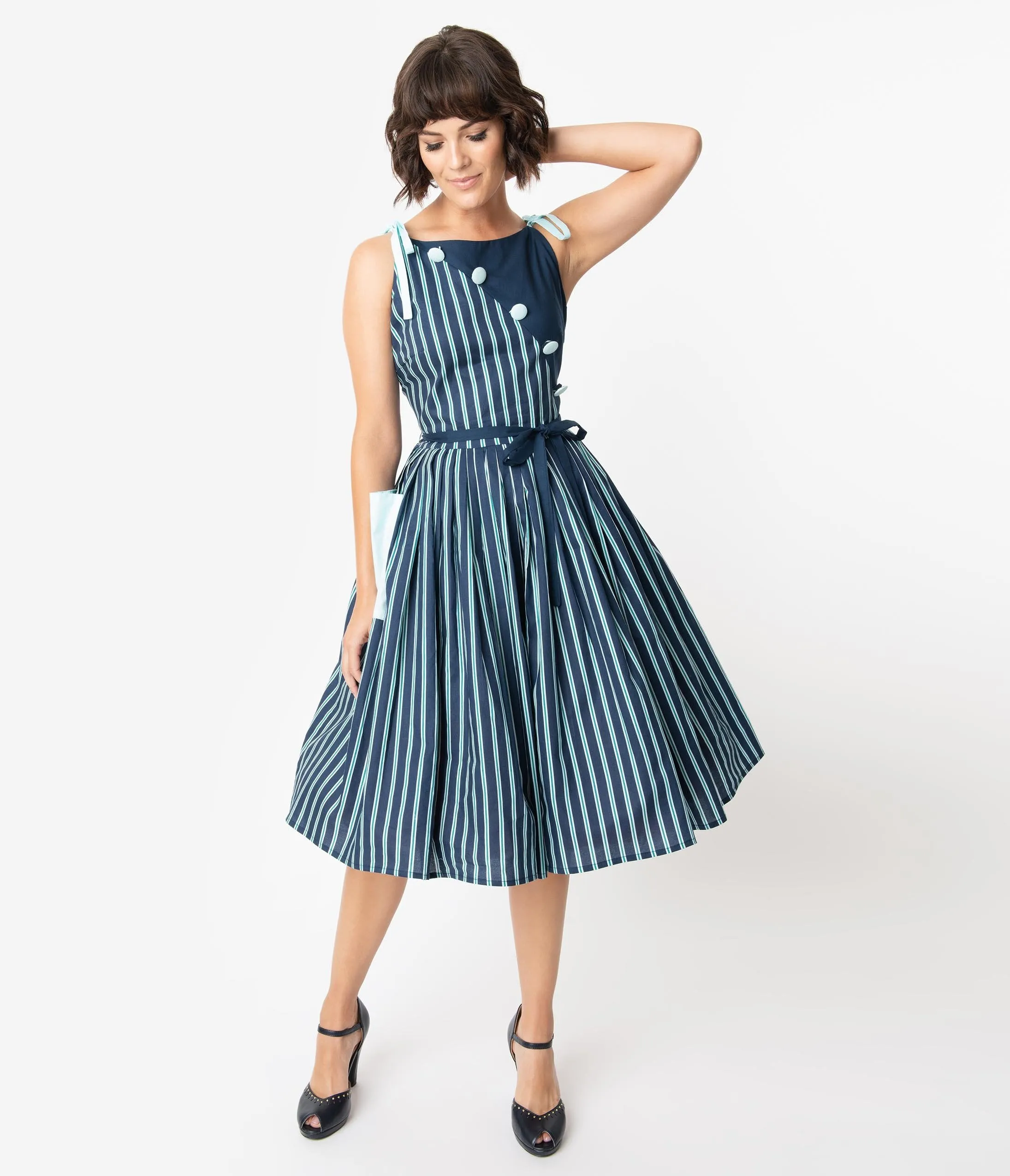 Unique Vintage 1950s Style Blue Striped Hamilton Swing Dress