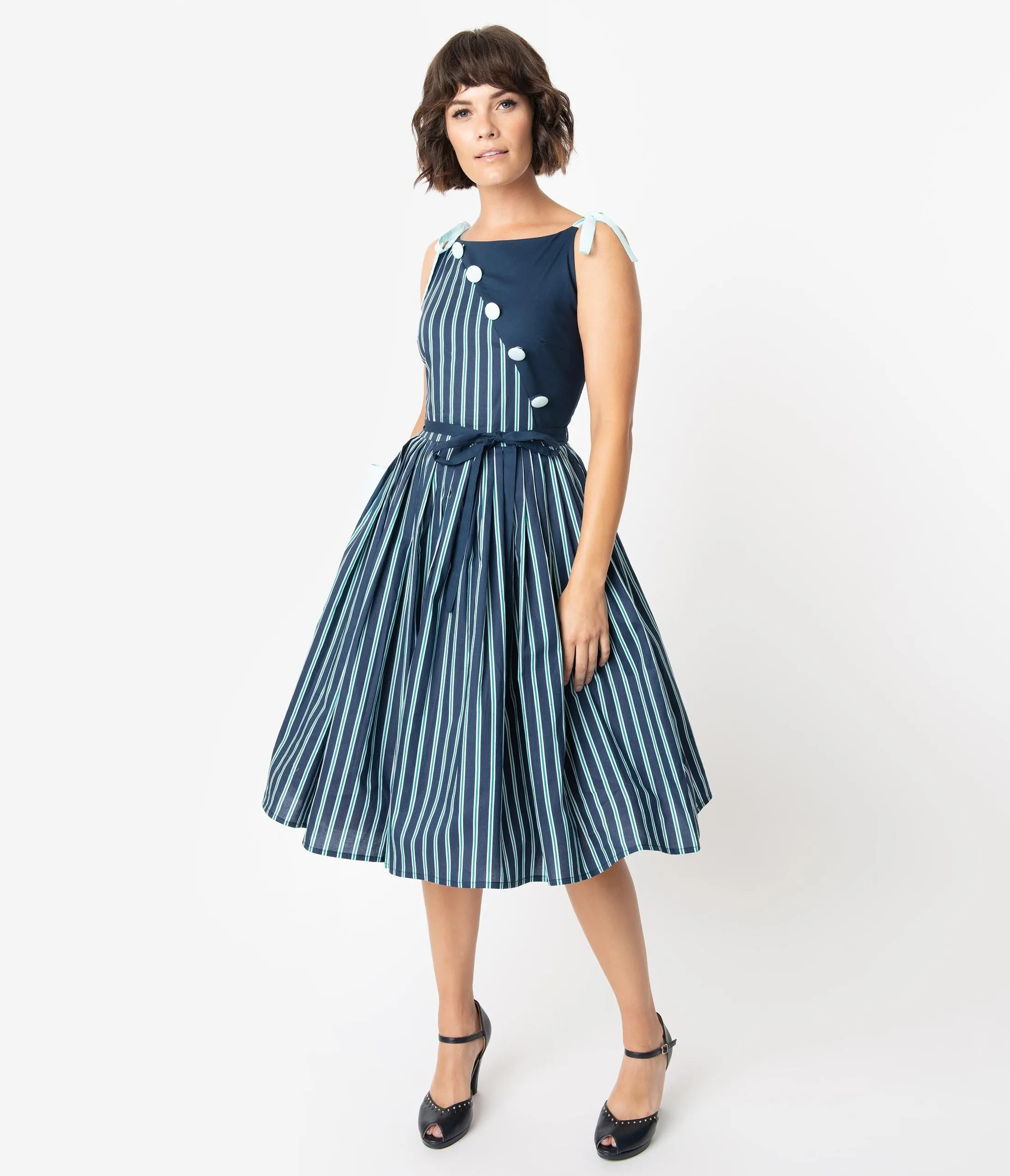 Unique Vintage 1950s Style Blue Striped Hamilton Swing Dress