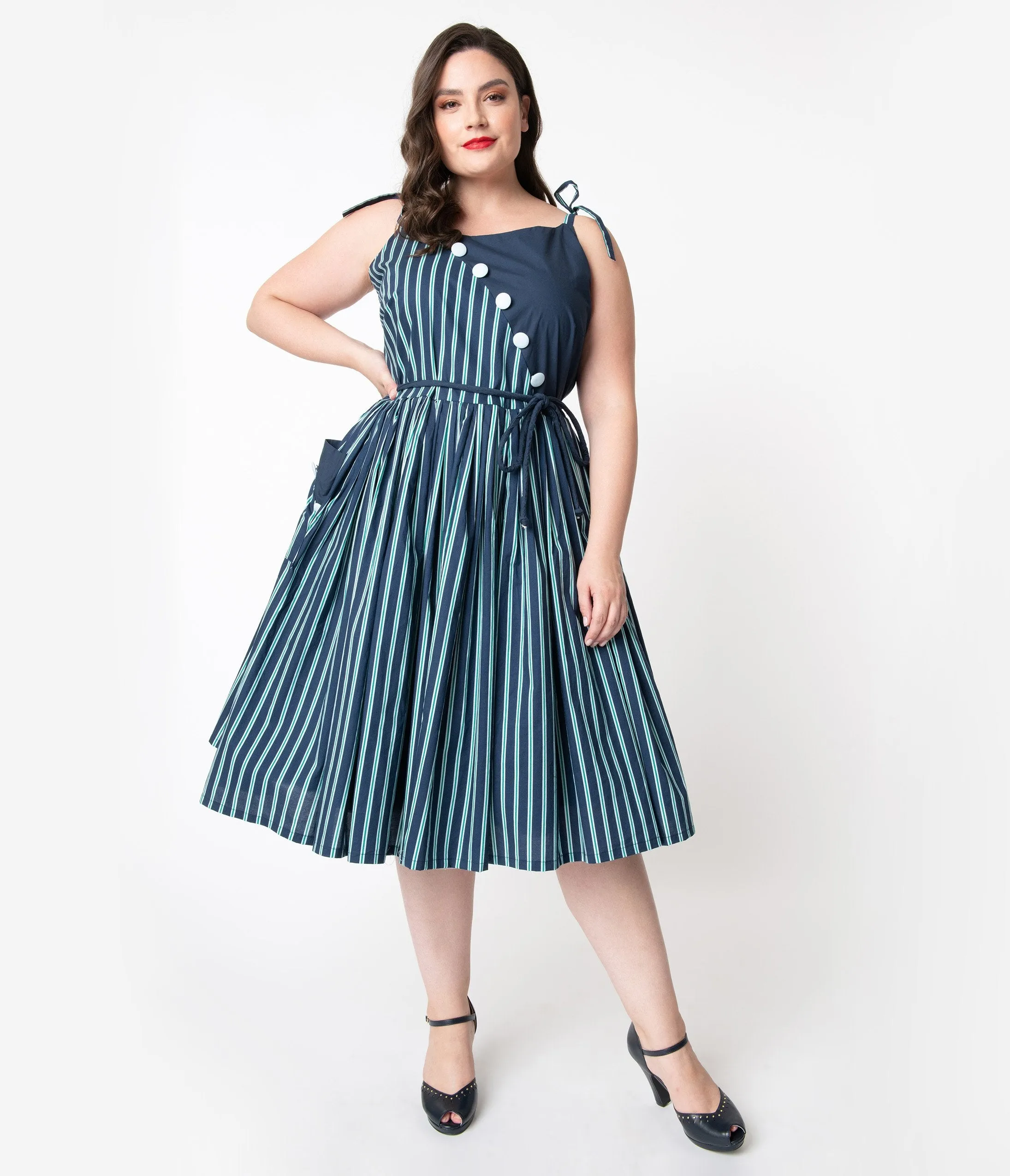 Unique Vintage 1950s Style Blue Striped Hamilton Swing Dress