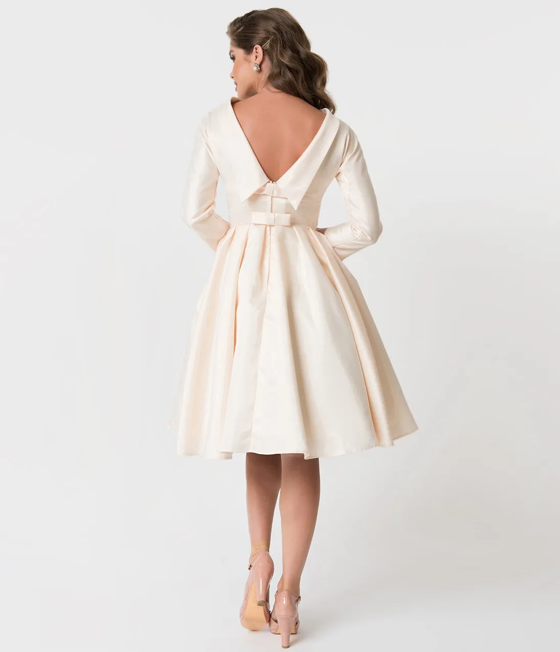 Unique Vintage 1950s Style Cream Satin Sleeved Lana Bridal Dress