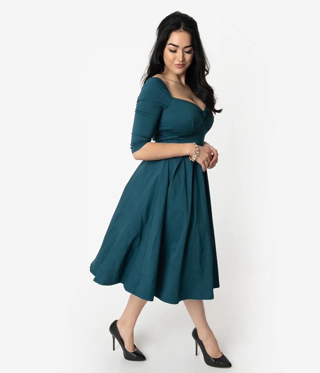 Unique Vintage 1950s Style Dark Teal Bengaline Sweetheart Lamar Swing Dress