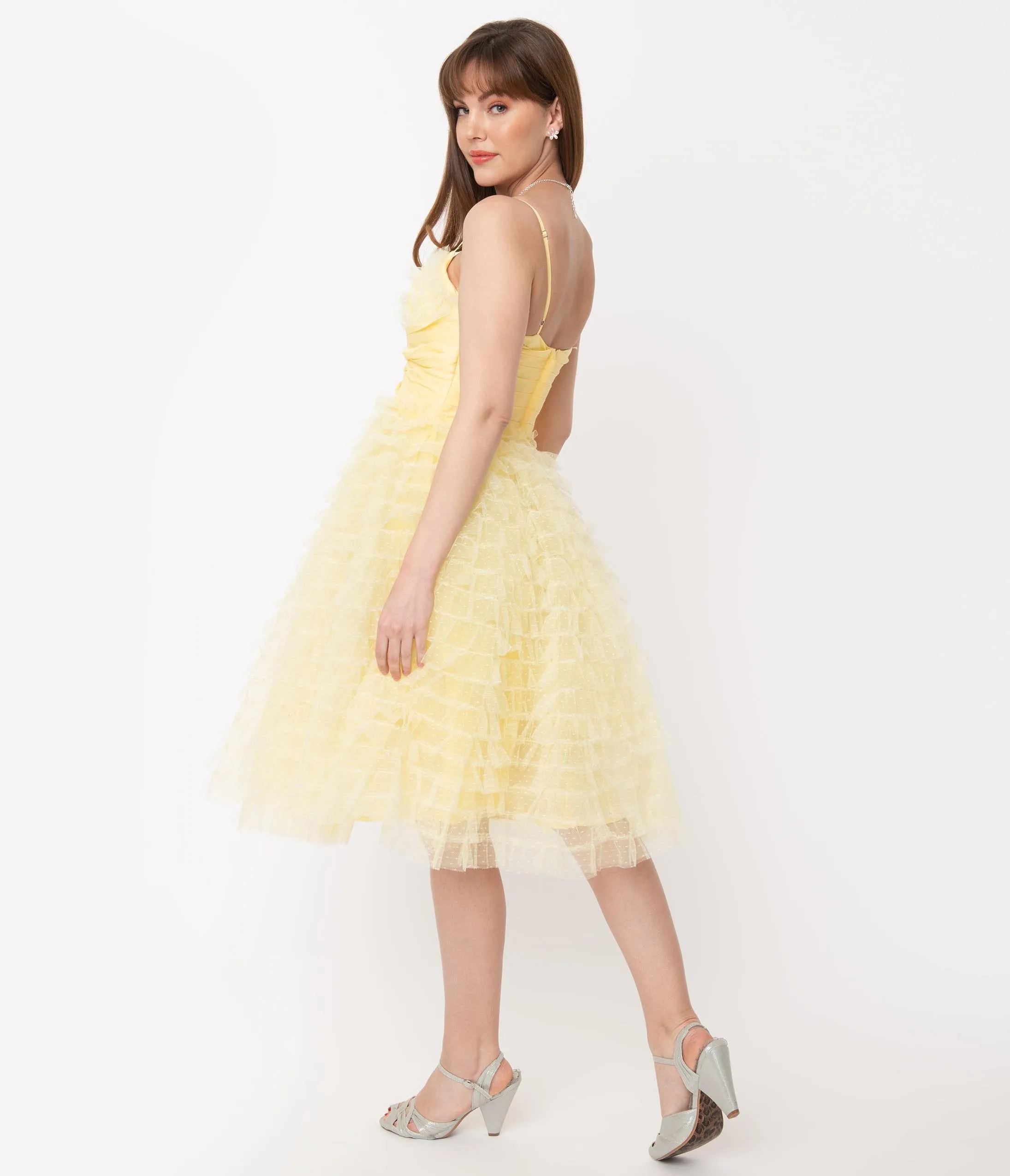 Unique Vintage 1950s Yellow Ruffled Tulle Cupcake Swing Dress