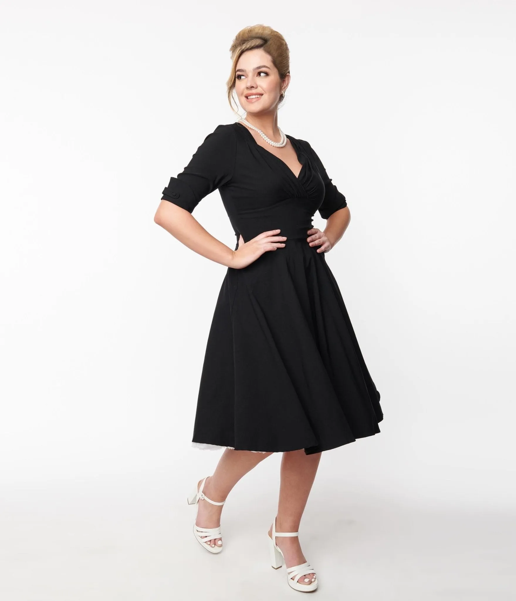 Unique Vintage Black Delores Swing Dress with Sleeves