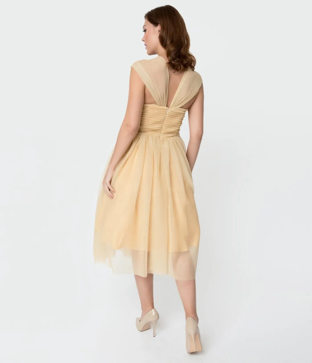 Unique Vintage Champagne & Gold Glitter Garden State Mesh Cocktail Dress